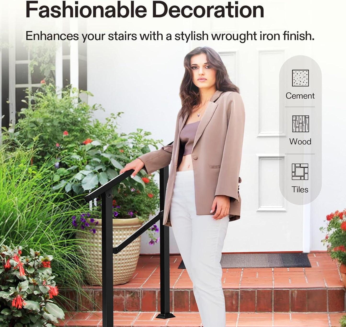 VIVOSUN Outdoor Handrail, 2 Step Stair Handrail, 26" × 36" Fits 1 to 2 Steps, Wrought Mattle Iron Handrail for Concrete Steps, Porch Steps, One-Step Assembly, Black