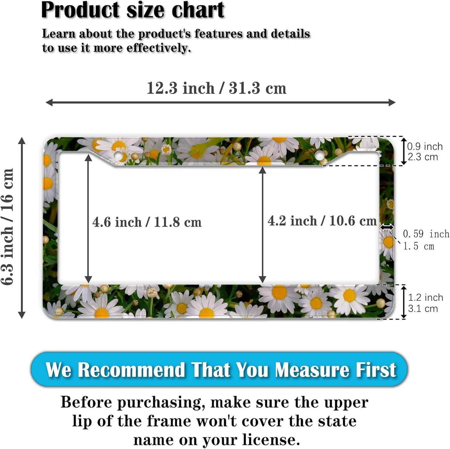 Fun License Plate Frame Cover Multicolor License Plate Frames Daisy Flower Universal Aluminum Car Accessory 2 Pack with Screw Covers Set