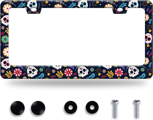 Sugar Skull Flowers License Plate Frame Cute Colorful License Plate Frames Stainless Steel Accessories Cars Decor with 2 Holes and Screws Fits Standard US CA Vehicles Size 12.2 x 6 Inches