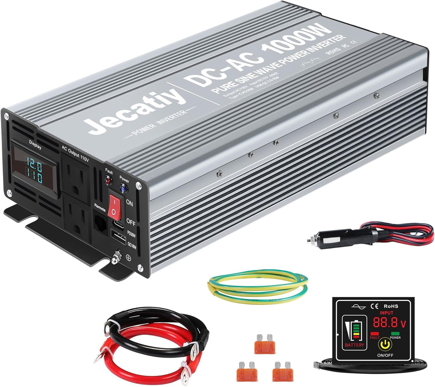 2AC 1000W Pure Sine Wave Inverter, Convert DC 12V to AC 110V 120V, 18W USB, and 30W Type-C Charging Ports, Car Solar Power Inverters for Truck, Home, Vehicles, RV