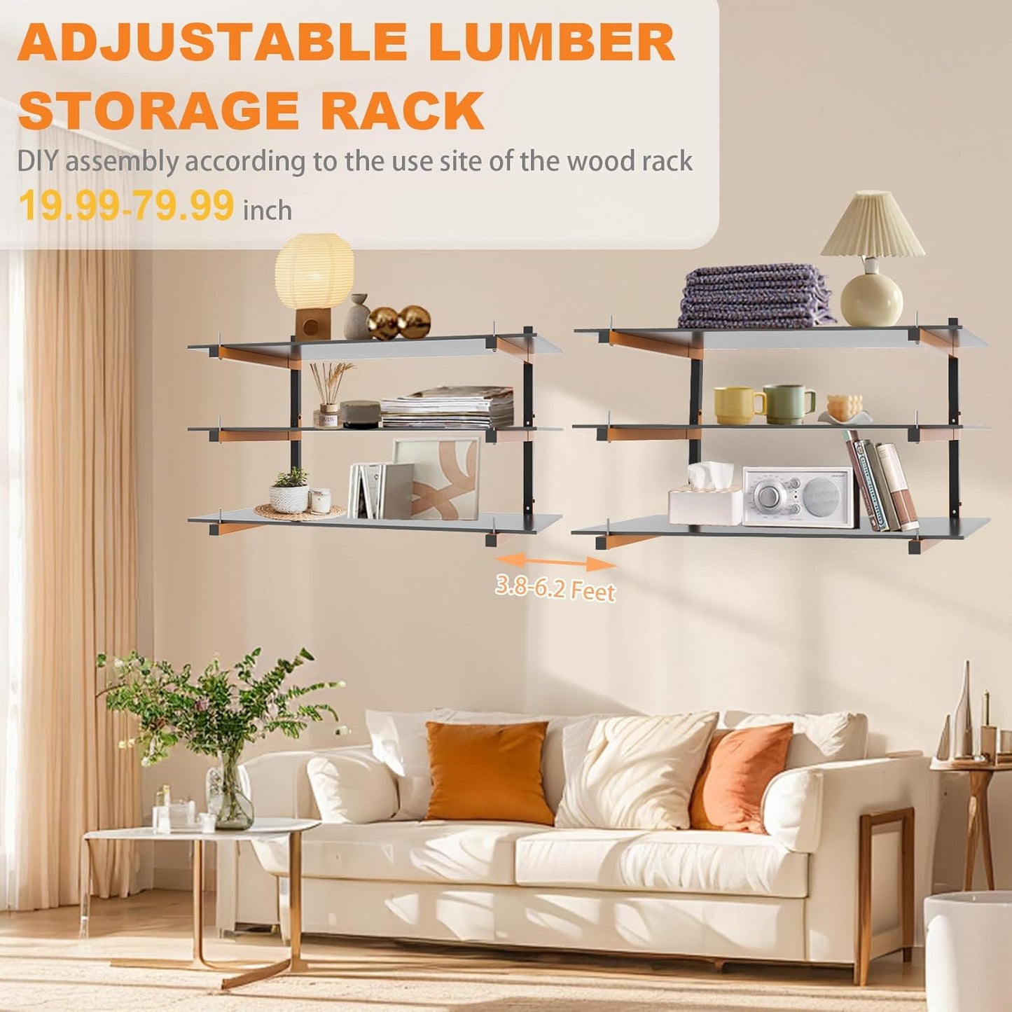Lumber Rack Wall Mount, Heavy Duty Wood Storage Racks, 9-Level System Garage Shelving, 1080 Lbs Capacity Organizer Shelves, Folding Orange Brackets, 6 Pack Hanging Metal Shelf for Indoor and Outdoor