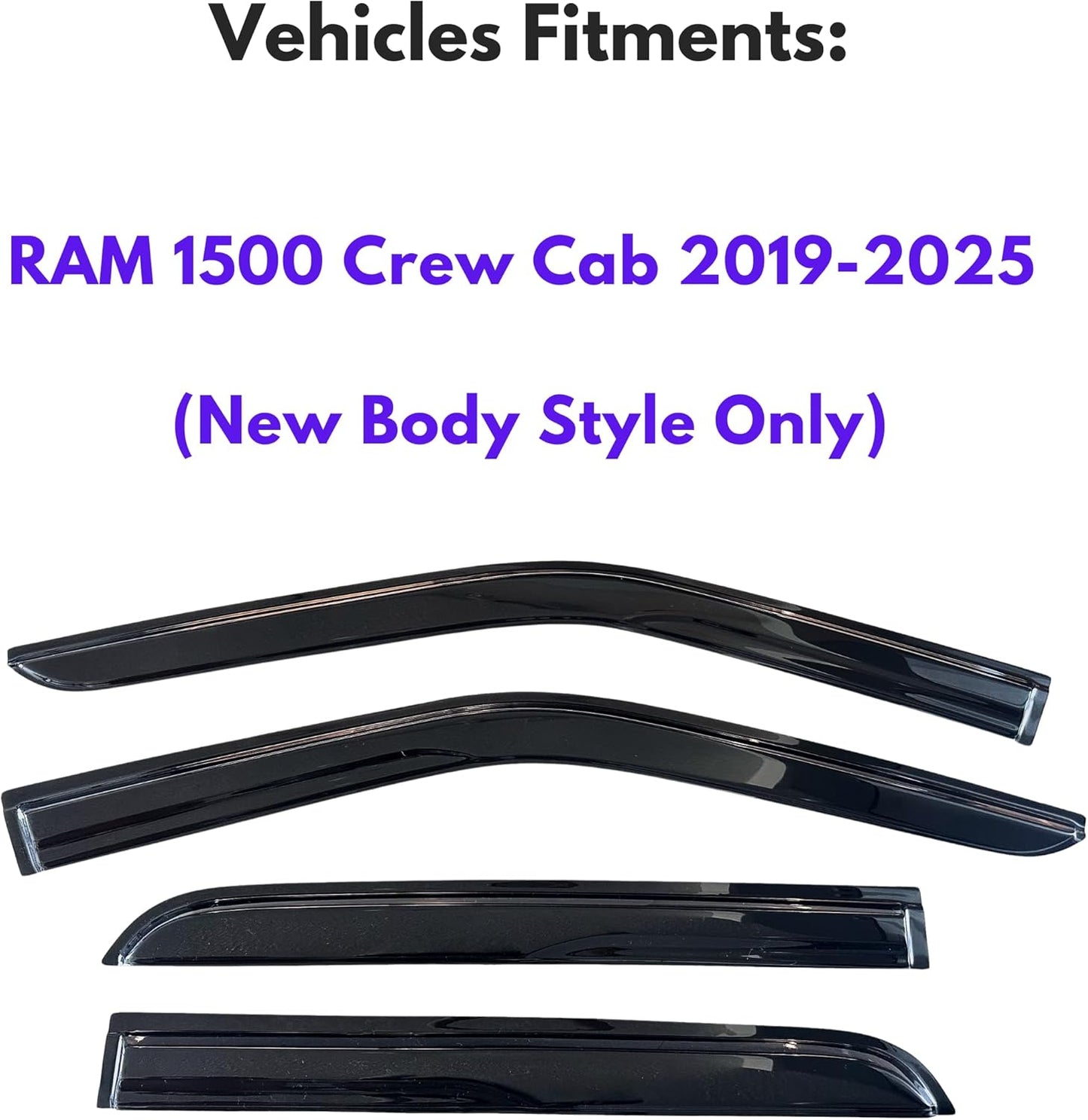 KPY Window Visor Compatible with Dodge RAM 1500 Crew Cab 2019-2025 (New Body Style Only), 4PC Rain Guard Side Window Vent Deflectors Tape-On Mugen Style, 2019 2020 2021 2022 2023 2024 2025