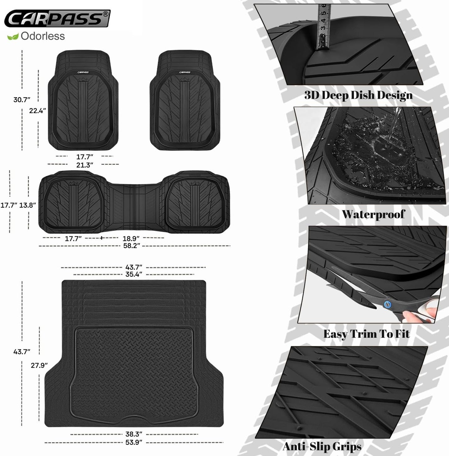 CAR PASS Deep Dish Floor Mats for Cars, Heavy Duty Rubber Floor Mats with Trunk Cargo Liner, Universal Trim-to Fit Automotive Floor mats for Truck Van SUV Waterproof All Weather Car Mats Solid Black