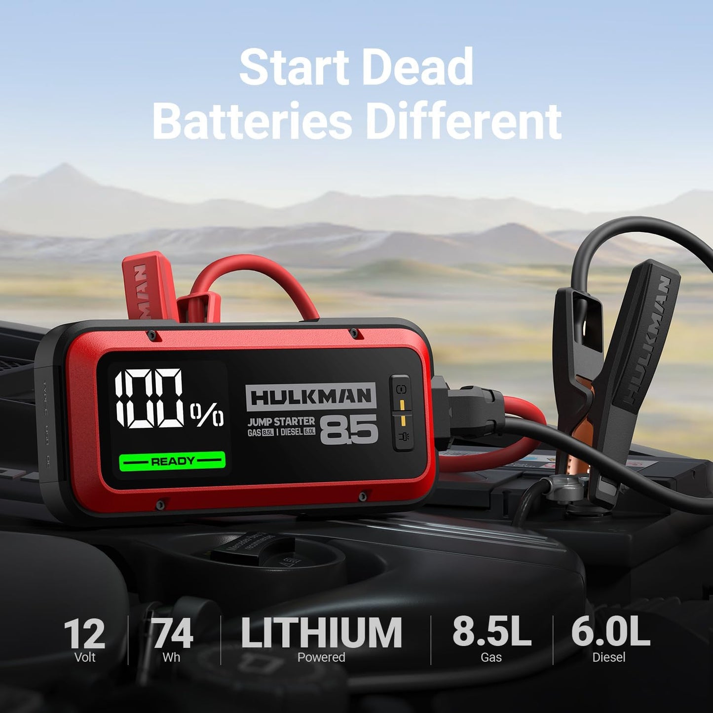 Hulkman Alpha85,Carmine Red, 2000A 74Wh Smart Jump Starter, 12V Portable Car Battery Booster with 3.3" Display, USB-C Power Pack,Includes 65W Wall Charger, Jumper Cables for up to 8.5L Gas/6.0L Diesel