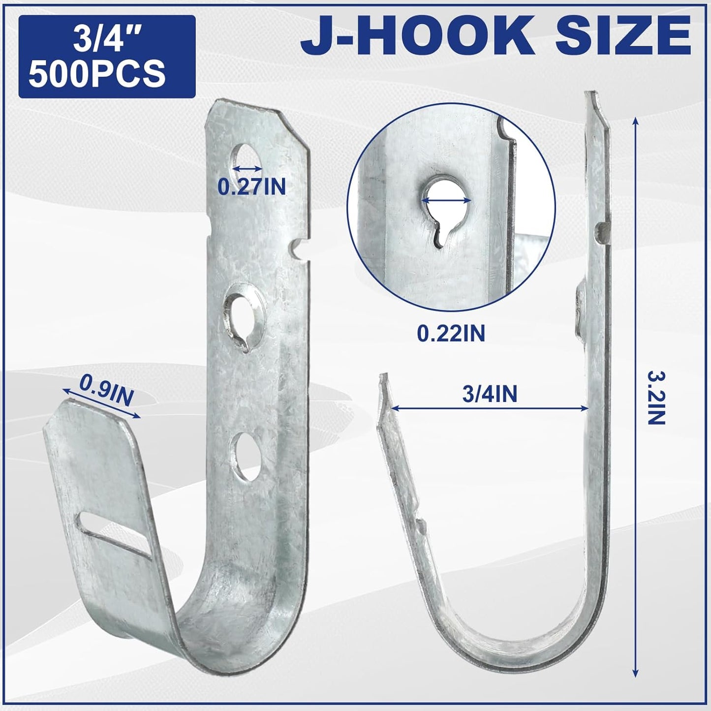 Gisafai 500 Pcs Cable Support J-Hook, 3/4 Inch Metal Garage Hooks for Hanging, Heavy Duty Network for Cable and Wire Management Wall Attaching J Utility, G60 Galvanized Steel, Silver