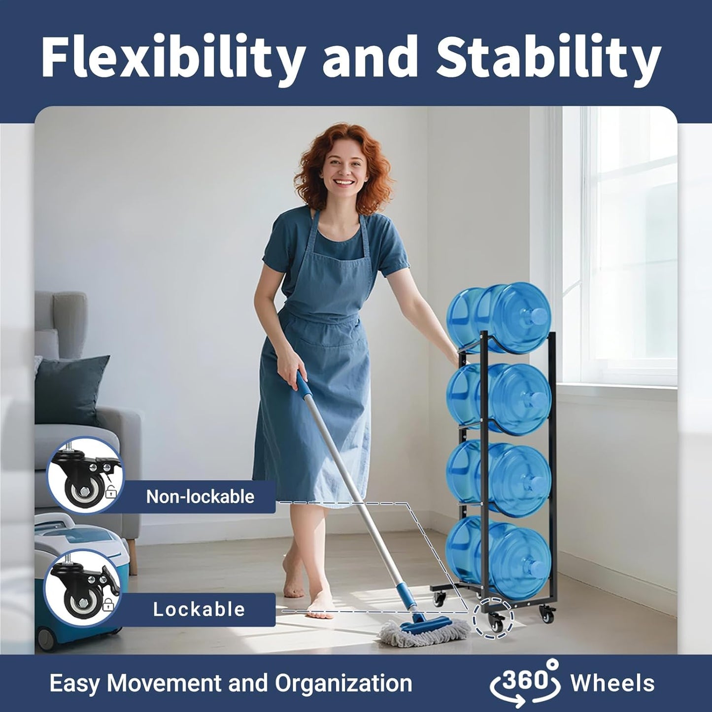 5 Gallon Water Bottle Holder: 4 Tier 5gal Water Jug Storage Rack with 4 Wheels for Home Kitchen Garage - Space Saving & Black