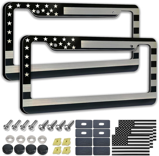American Flag License Plate Frame- Black Front Rear Patriotic USA ‌Car Tag Frames, 2 Pack 2 Hole Heavy Duty Brushed Aluminum Plastic Composite Holder with Screws Caps