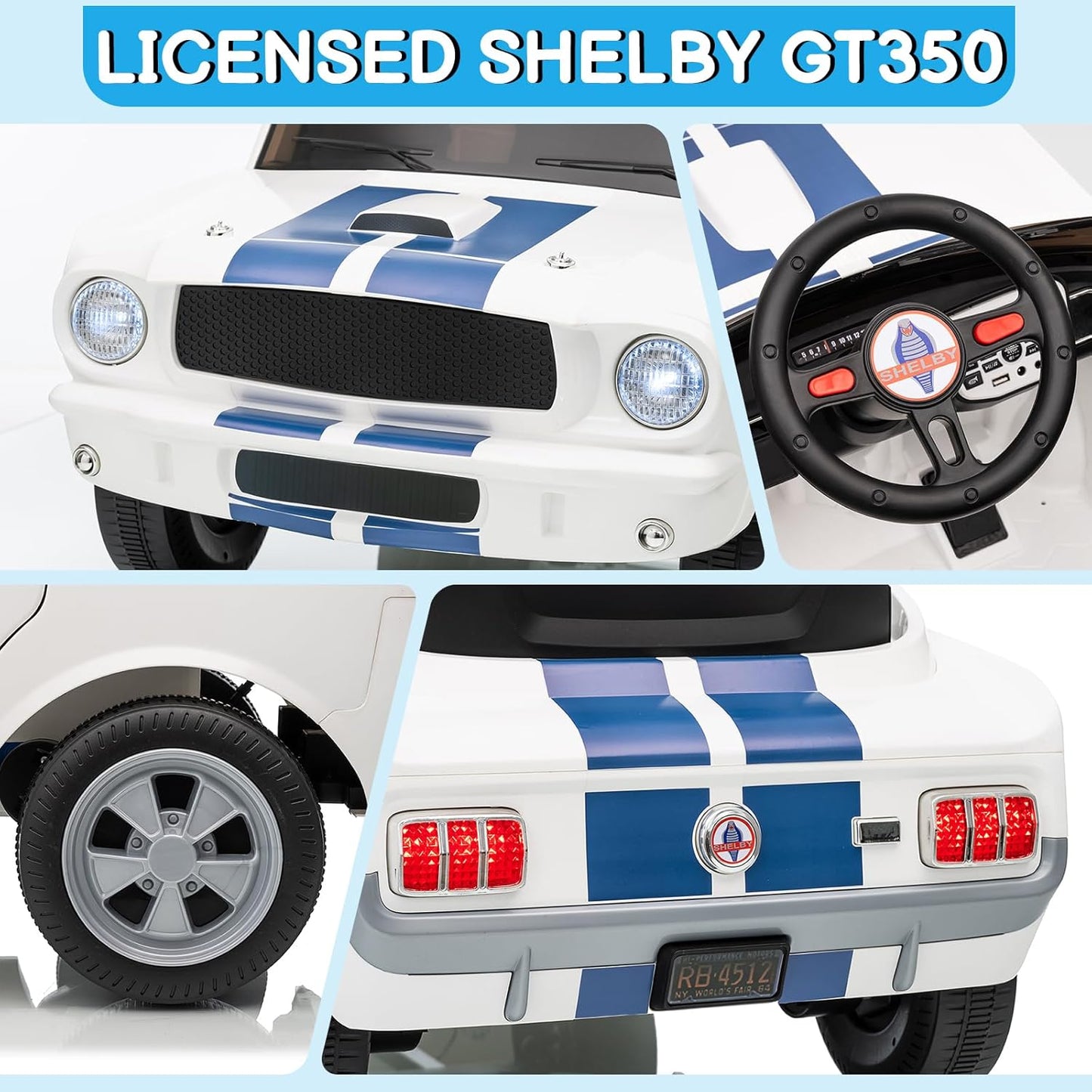 Winado Licensed Shelby Electric Car for Kids, Battery Powered Ride On Toy for Toddlers with Remote Control, Upgrade Display Panel, Bluetooth, Shock Absorbers, Safety Belt, 3 Speeds, LED Lights - White