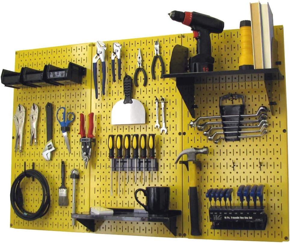 Wall Control 4 ft Metal Pegboard Standard Tool Storage Kit with Yellow Toolboard and Black Accessories