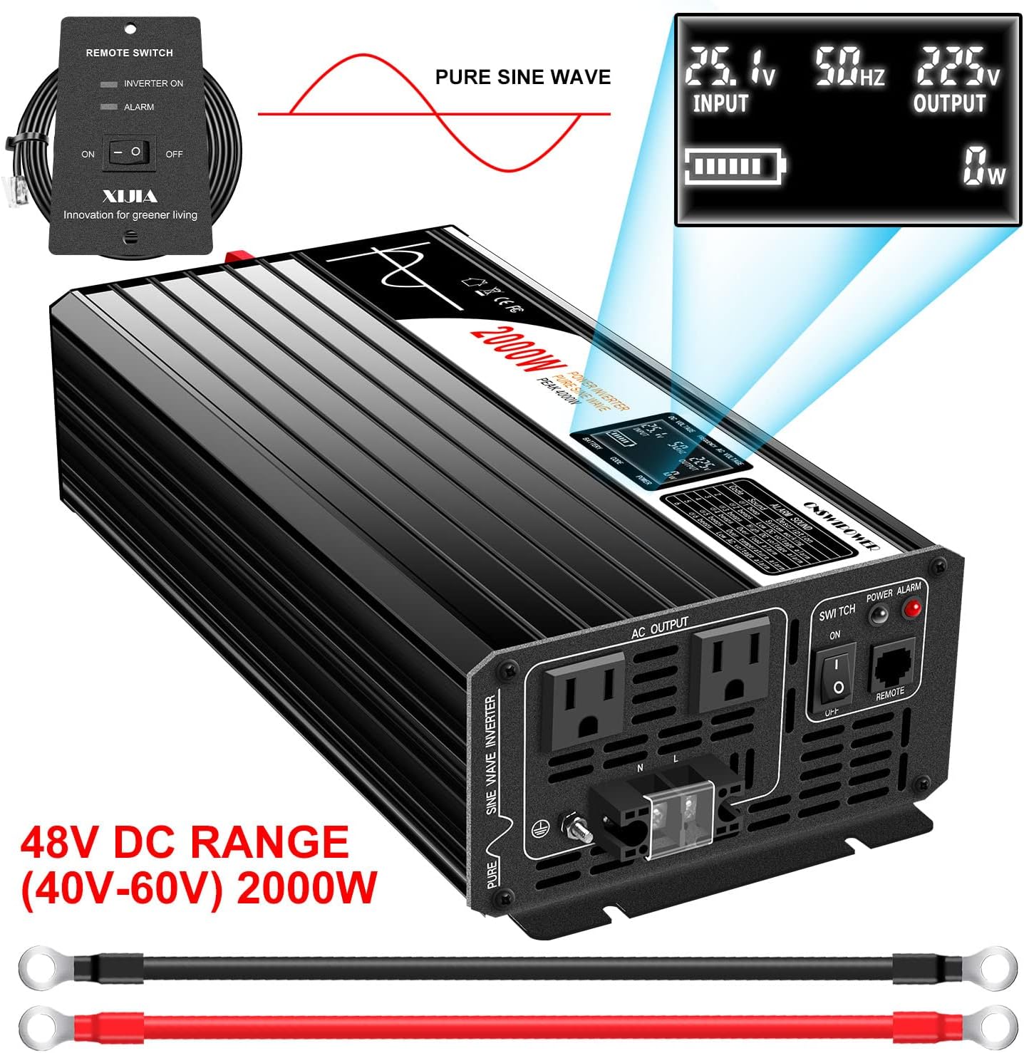 Xijia Pure sine Wave Inverter 2000W 48 Volt dc to 120 Volt ac Inverter (Peak Power 4000W) rv Converter 60HZ with Soft Start for car &Camping (DC48V (Range 40V-60V) 2000W)