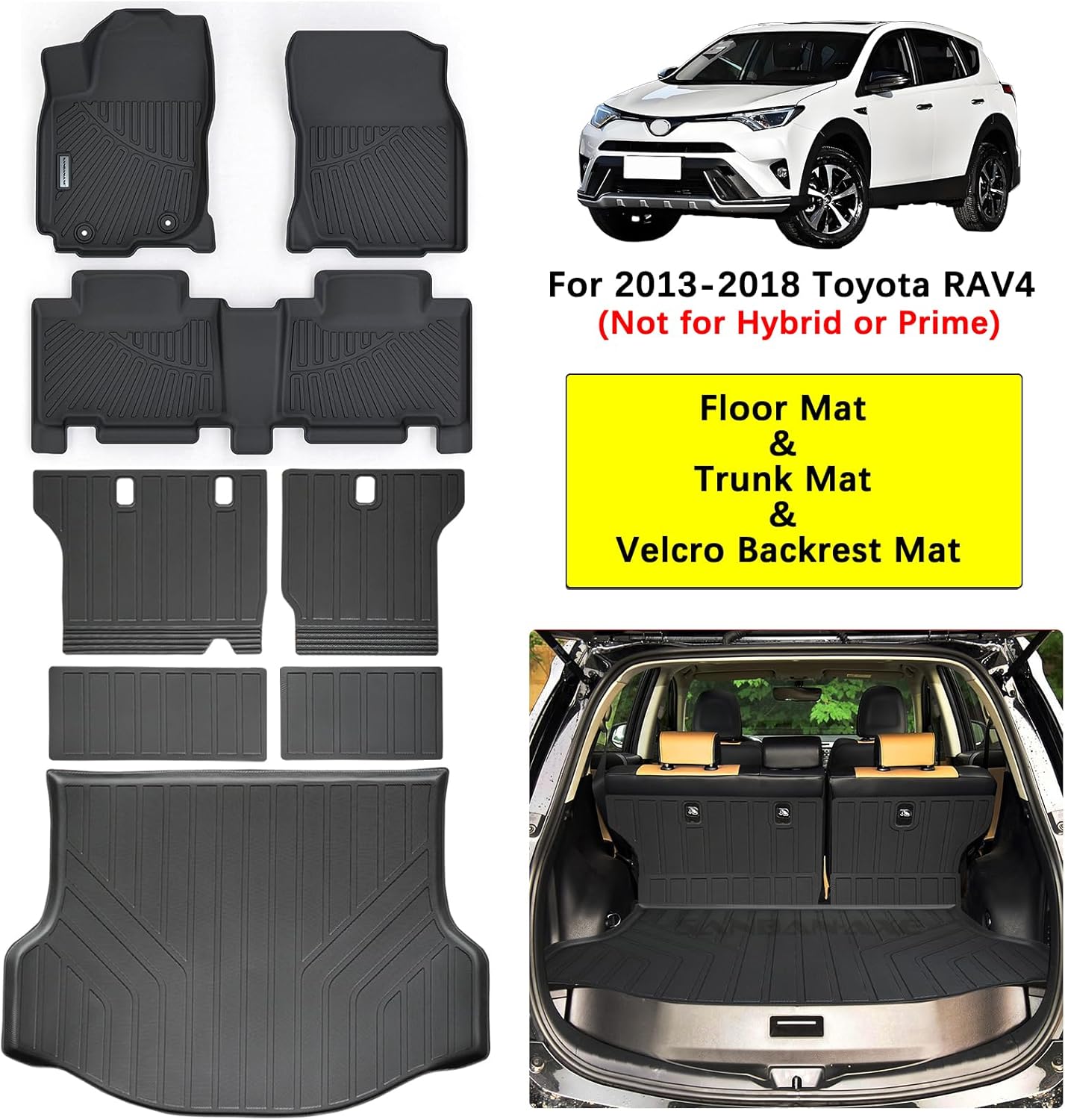 Floor Mats & Trunk Mat Backrest Mat for Toyota RAV4 2013-2017 2018（Not for Hybrid or Prime） TPE All Weather Protection 2 Rows Full Set Car Mats with Velcro Rear Seats Backrest