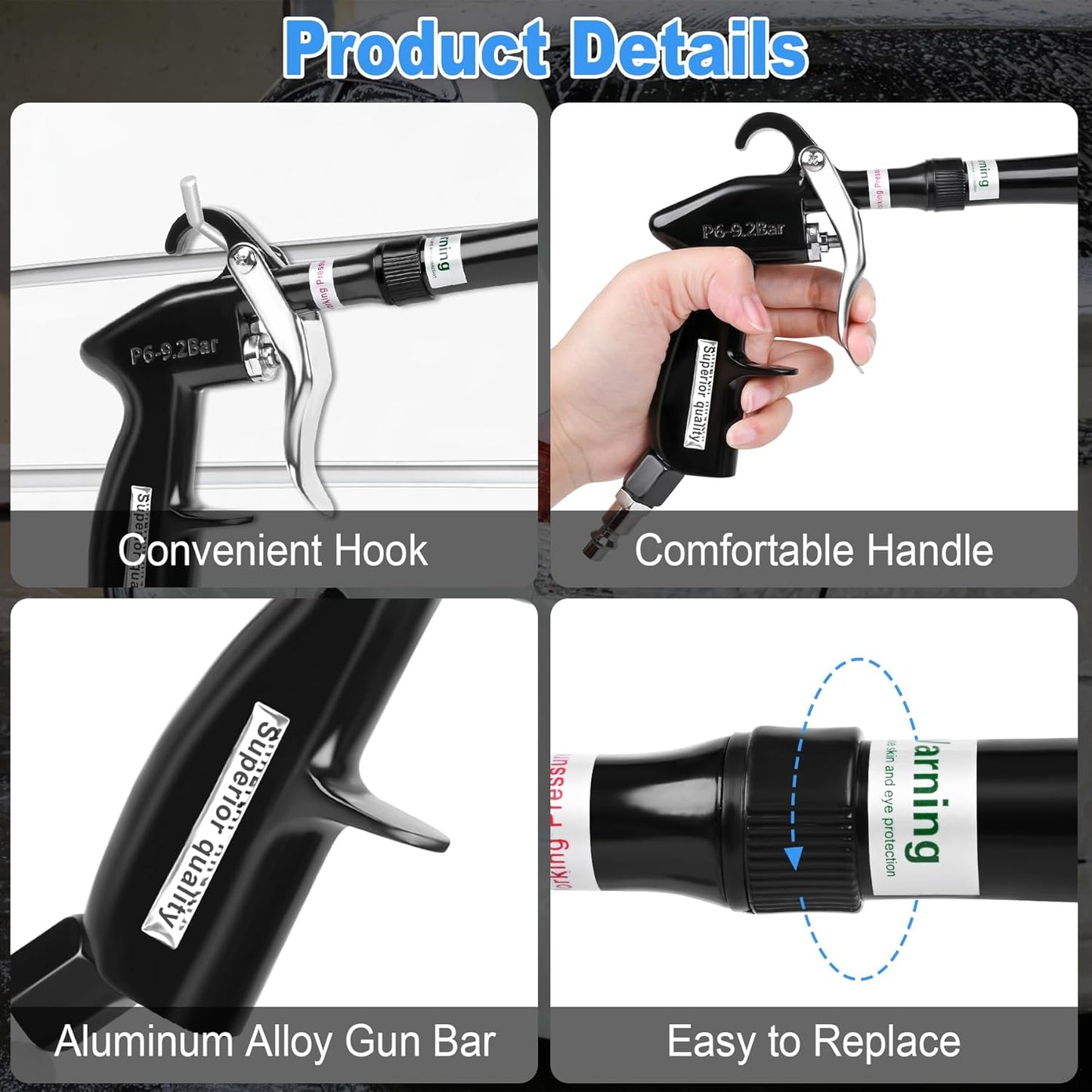 Air Blow Gun Car Detailing Dry Cleaning Gun with Tapered Nozzle High Pressure Cleaning Tool, Dryer Blower for Car Surfaces Quickly Blasts Dust, Works with Air Compressor, Black