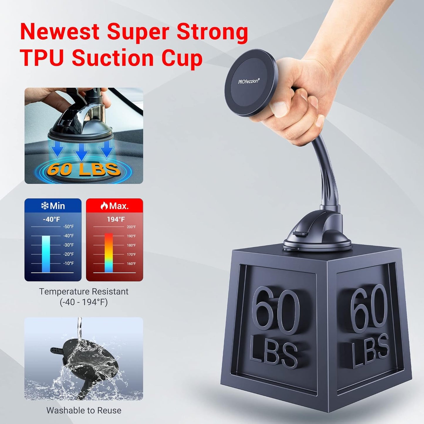 PROfezzion Suction Cup & Vent Clip Combo Magnetic Phone Holder Compatible with MagSafe on Car Truck Windshield, Dash or Vent for iPhone 16 15 14 13 Pro Max, Mag-Safe Case & All Phones [Aluminum Rod]