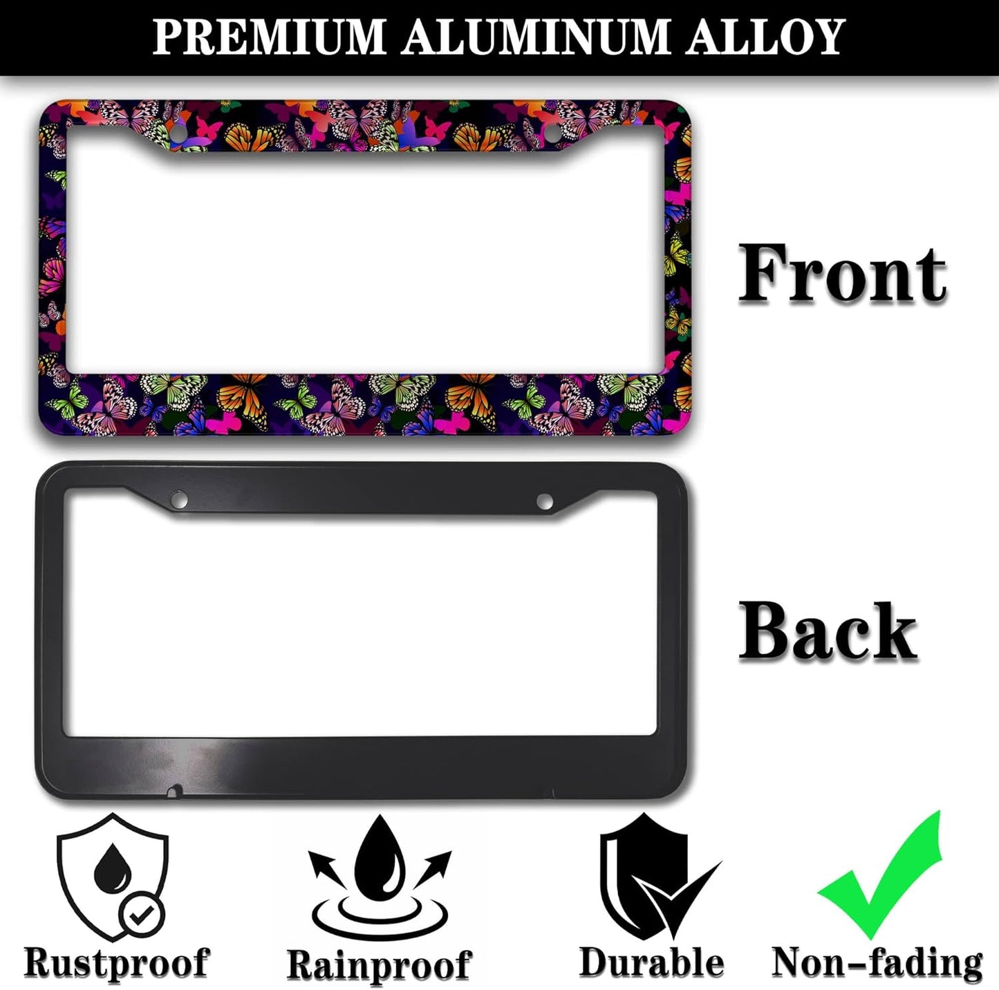 License Plate Frames Multicolor Car Plate Frame Colorful Watercolor Butterfly Aluminum Metal Car Accessory 2 Pack with Screw Covers Set