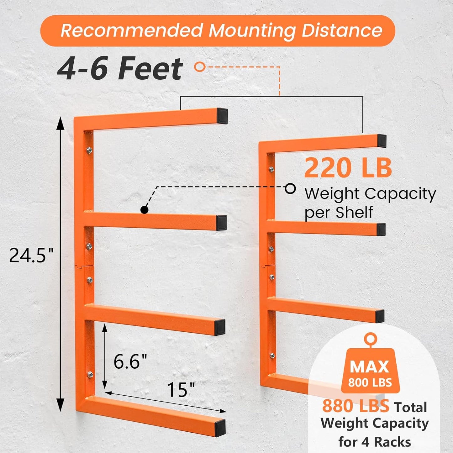 2 Pack Wood Organizer and Lumber Storage Rack Wall Mount, Heavy Duty Wood Storage Organizer Racks with 4-Level System for Garage, Workshop, Basement, Holds Up 220 LBS Per Level (Orange)