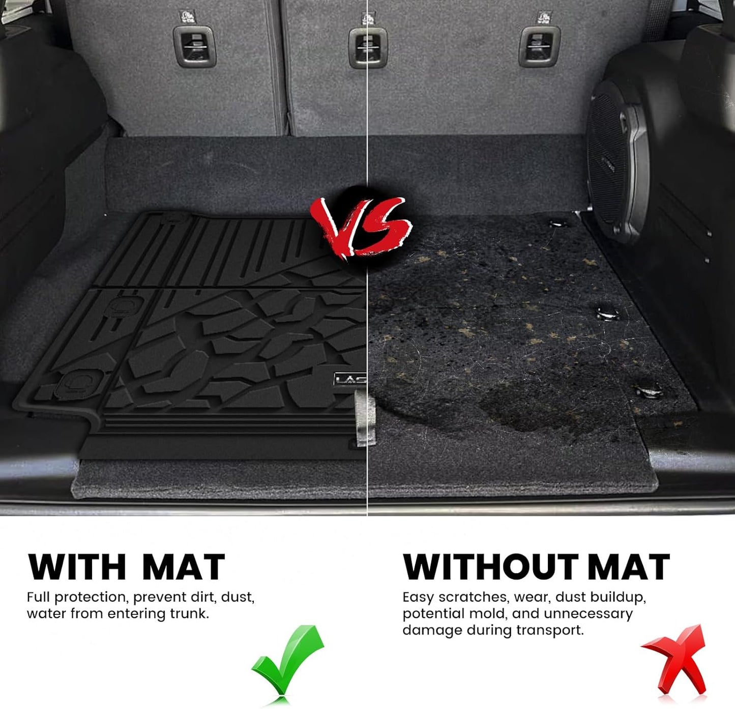 LASFIT Trunk Mat for Jeep Wrangler Unlimited 4XE 2021-2024 2025 4 Door with Subwoofer, Plug-in Hybrid EV-Gas (PHEV), All Weather TPE Custom Fit Cargo Mat Trunk Liner Cargo Liner, Black