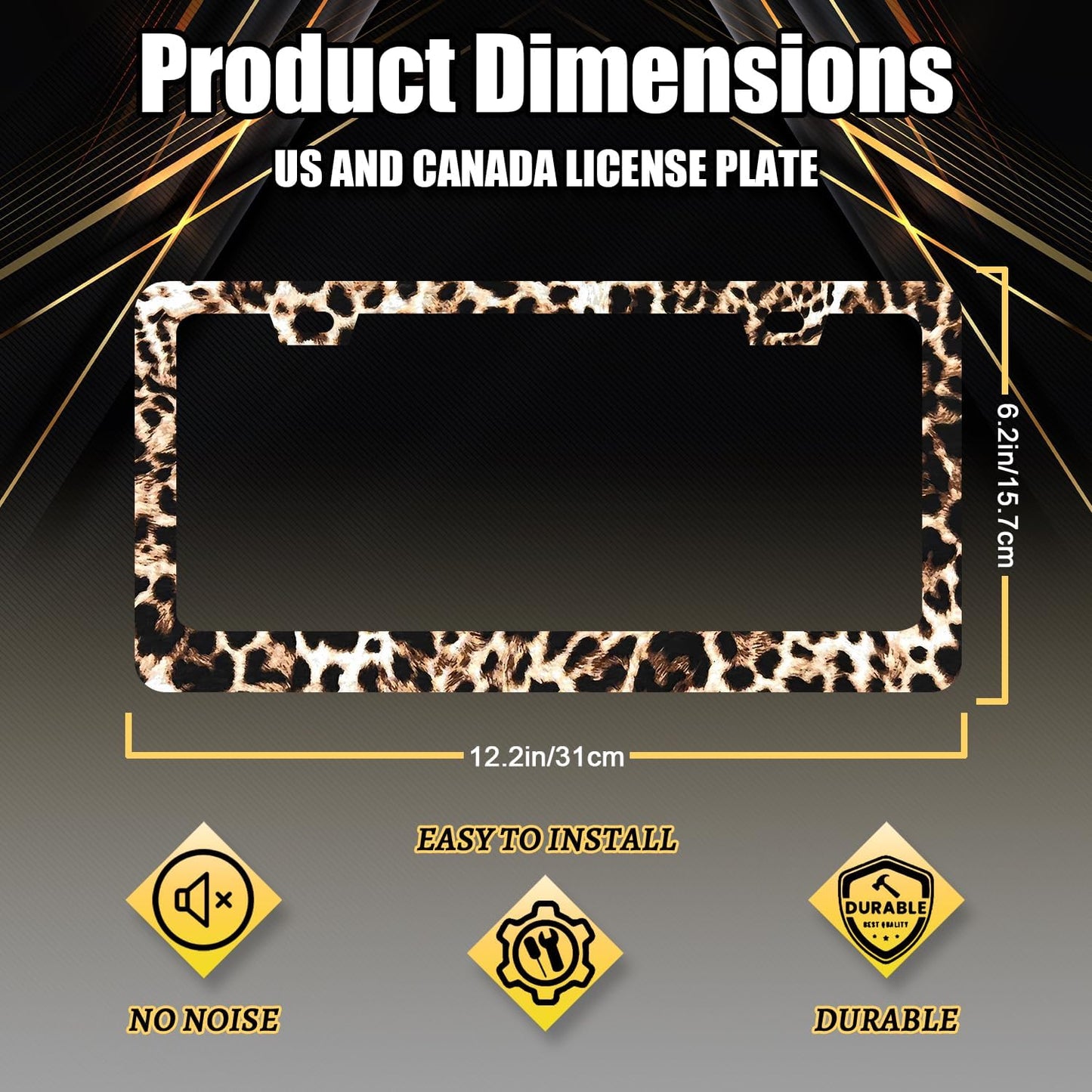 Brown Leopard License Plate Frame Animals License Plate Holder Stainless Steel Colorful Car Accessories Decoration 6.3"X12.3" with 2 Holes Screws