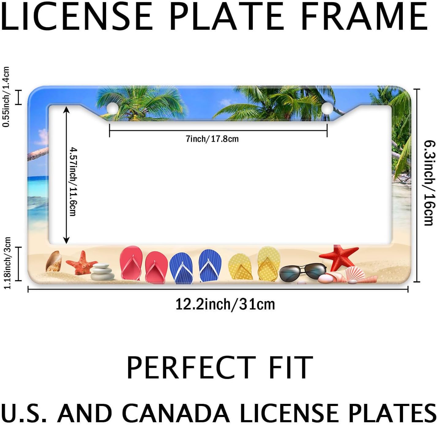 Beach Flip Flops License Plate Frame, Ocean Beach Vacation Scene License Plate Hloder Covers, Metal Aluminum Rustproof Car Accessories for Women Men 2 Holes with Screw Caps