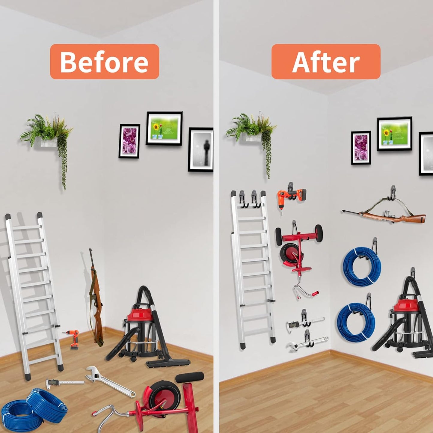 Heavy Duty Garage Hooks 4 Pack, 7.7 inch U Shaped Long Hanger, with 2 Extension Cord Holder Organizer, Wall Mounted Storage System, for Power and Garden Tool Hanging， Ladders, Bikes, Hose