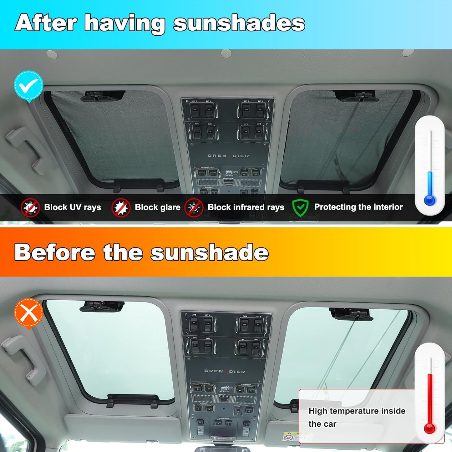 Compatible with INEOS Grenadier 2020-2024 Car Sunroof Sun Shade, Foldable Memory Steel Wire Car Sunroof Sun Shade Breathable Mesh Keep Cool