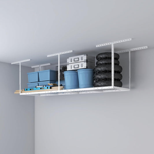 2ftx8ft Overhead Garage Storage Rack, Heavy-Duty Metal Garage Ceiling Storage Rack, 22''-40" Adjustable Ceiling Drop-Down, 400 lb. Loading Weight Capacity, White