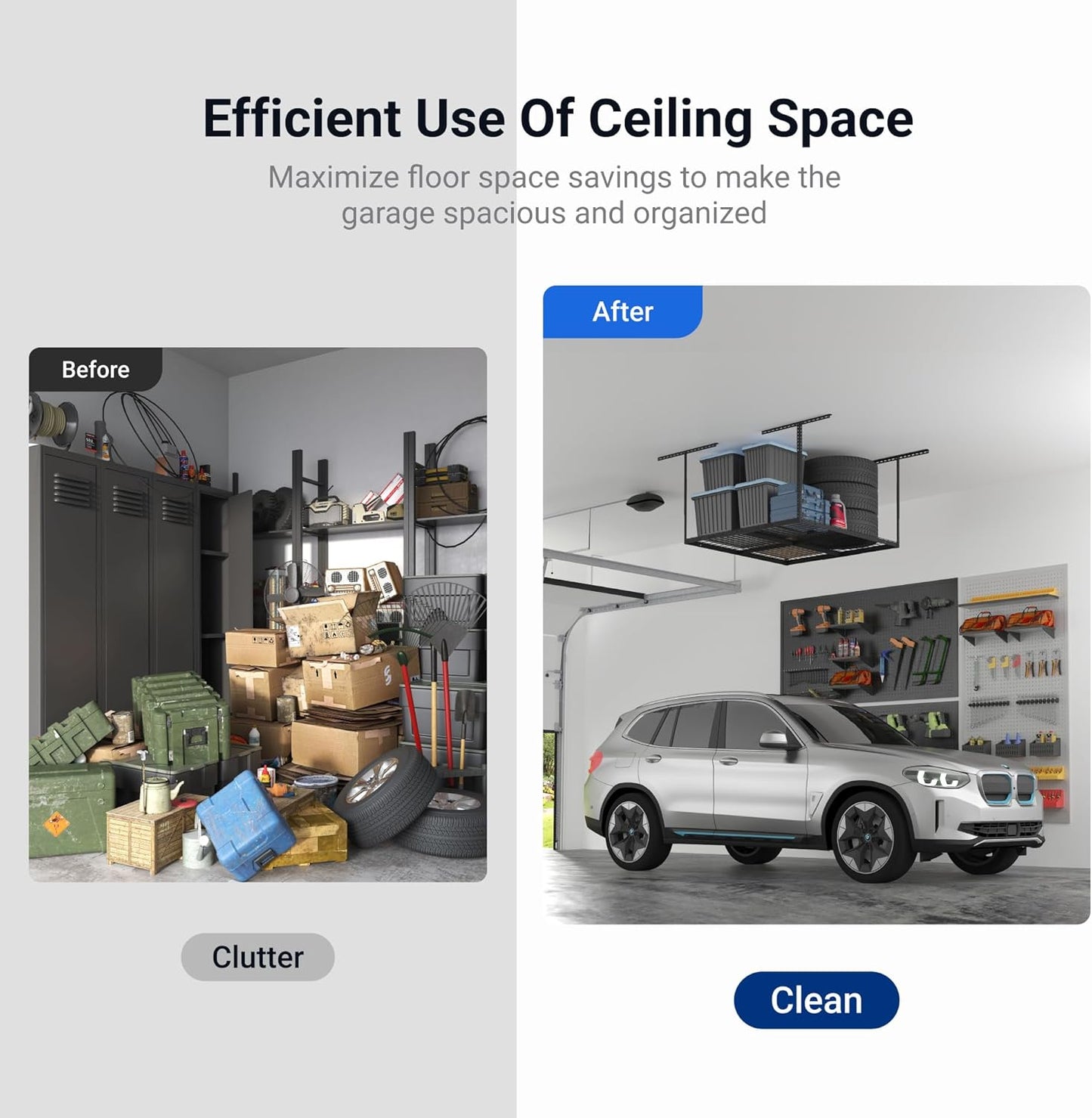 FLEXIMOUNTS 4x4 Overhead Garage Storage Rack, Adjustable Organization System, Heavy-Duty Metal Ceiling Racks, 350lbs Weight Capacity, Black