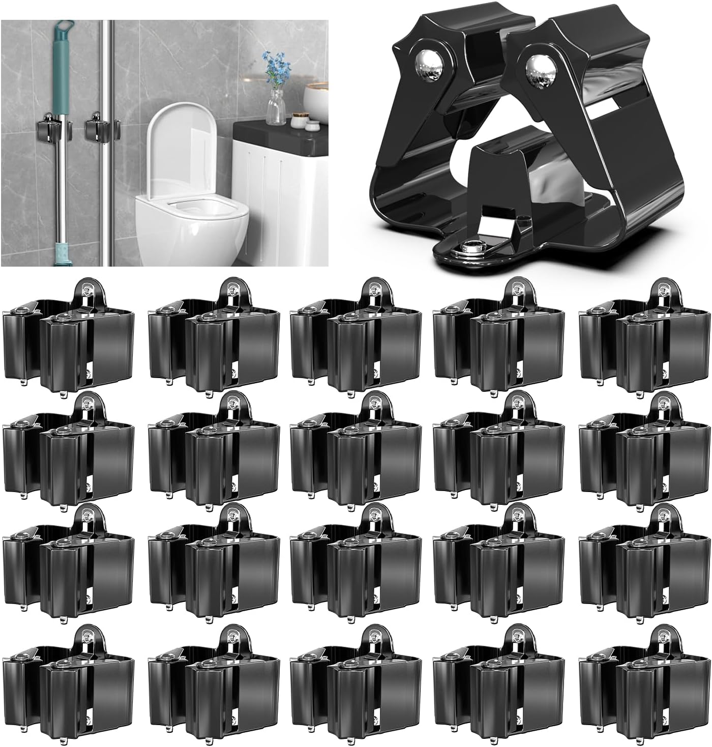 3-H Stainless Steel Broom Holder Wall Mount 20-Pack- Heavy Duty Mop Organizer, Wall Mounted Broom Storage with Secure Mounting for Kitchen Laundry Garage Bathroom (Space Saving)