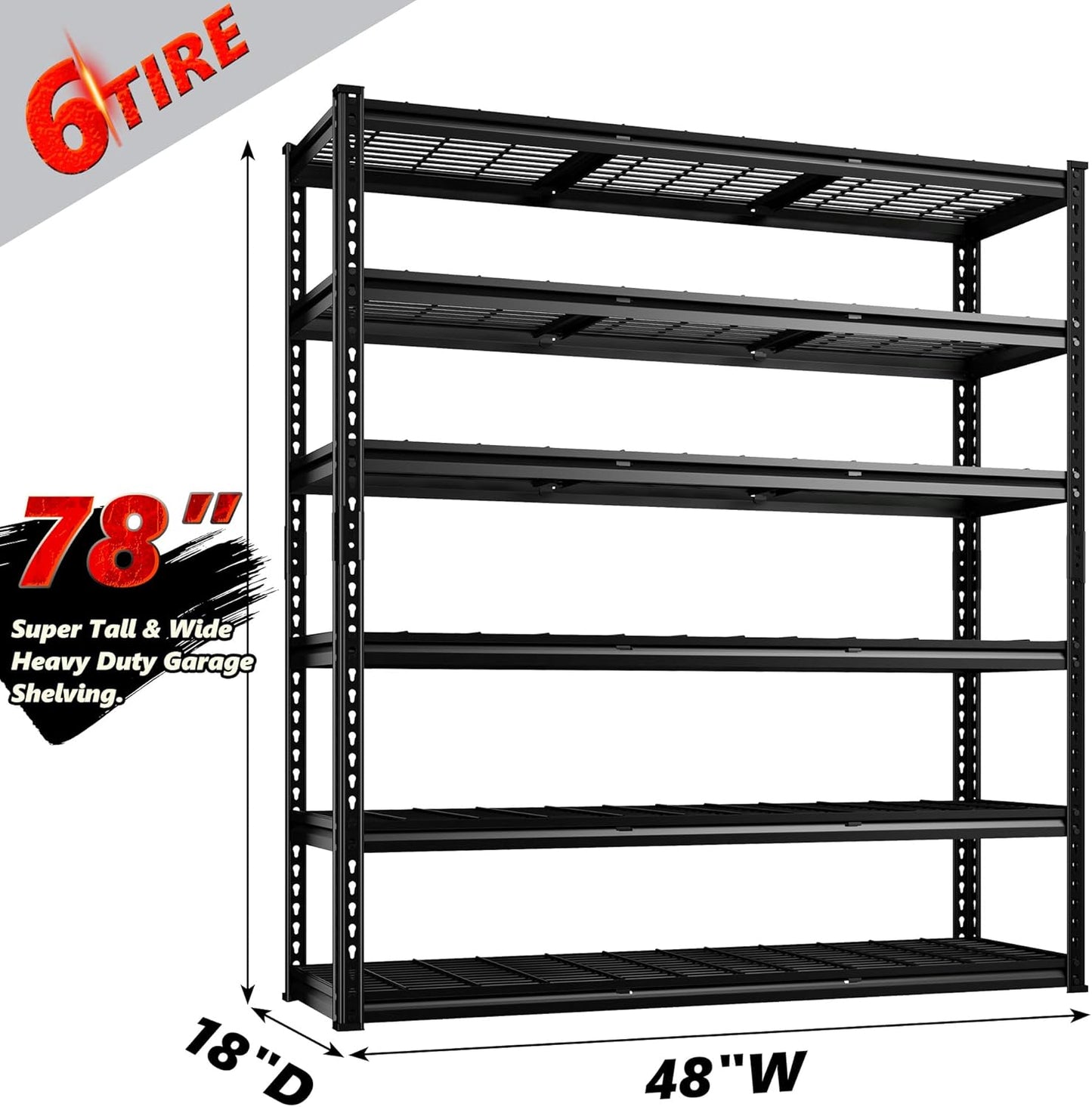 REIBII 3300LBS Garage Shelving 48" W Storage Shelves 6 Tier Garage Shelving Heavy Duty, Adjustable Metal Shelves for Warehouse, Basement, Storage, 48" W x 78" H x 18" D