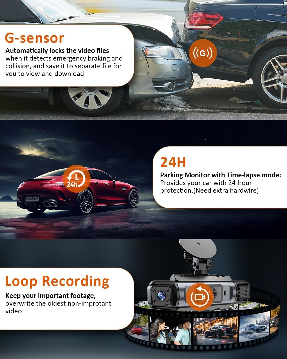 4 Channel WiFi Dash Cam with 32GB Card, 4 * 1080P Dash Camera for Cars Front and Rear Left Right,3”IPS Screen Dashcam with 360° Surveillance APP Control, 24H/7 Parking Mode,Night Vision G-Sensor