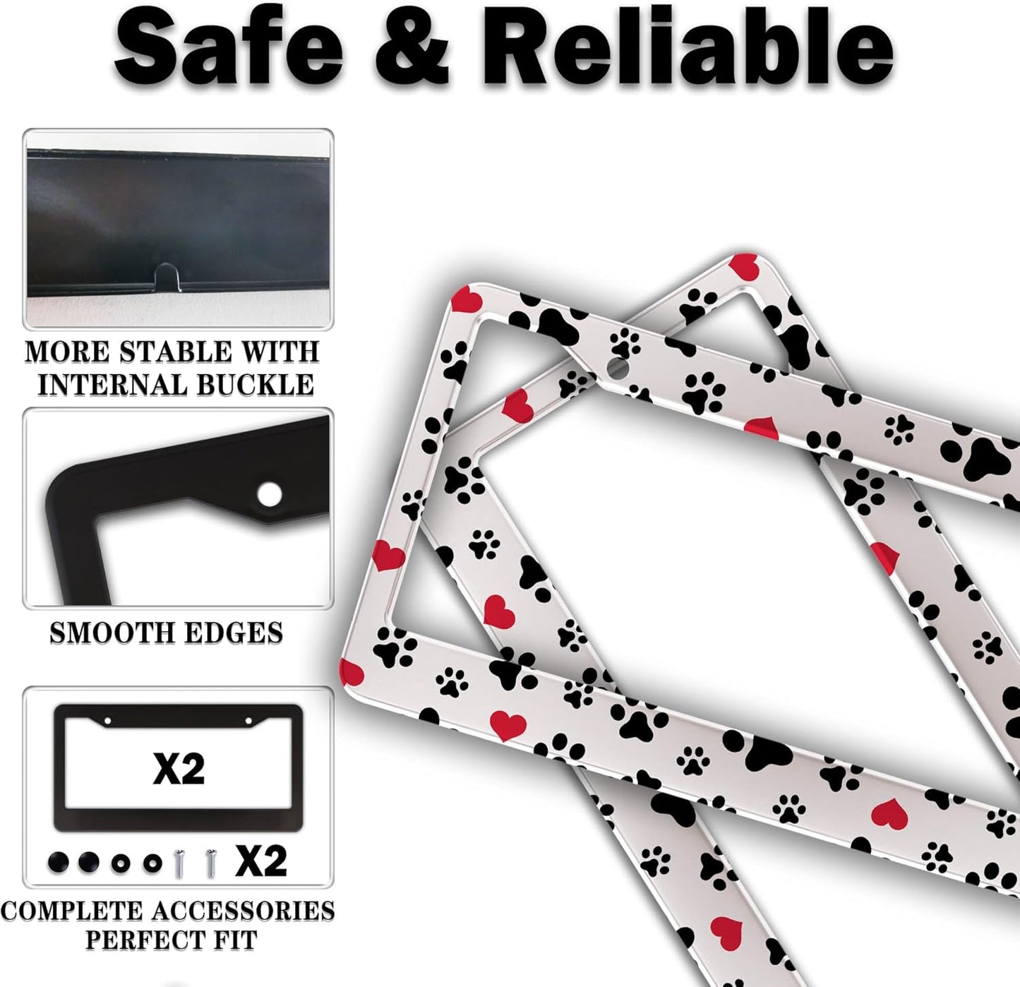 License Plate Frames Black, White, and Red License Plate Bracket Dog Footprints Universal Aluminum Car Accessory 2 Pack with Screw Covers Set
