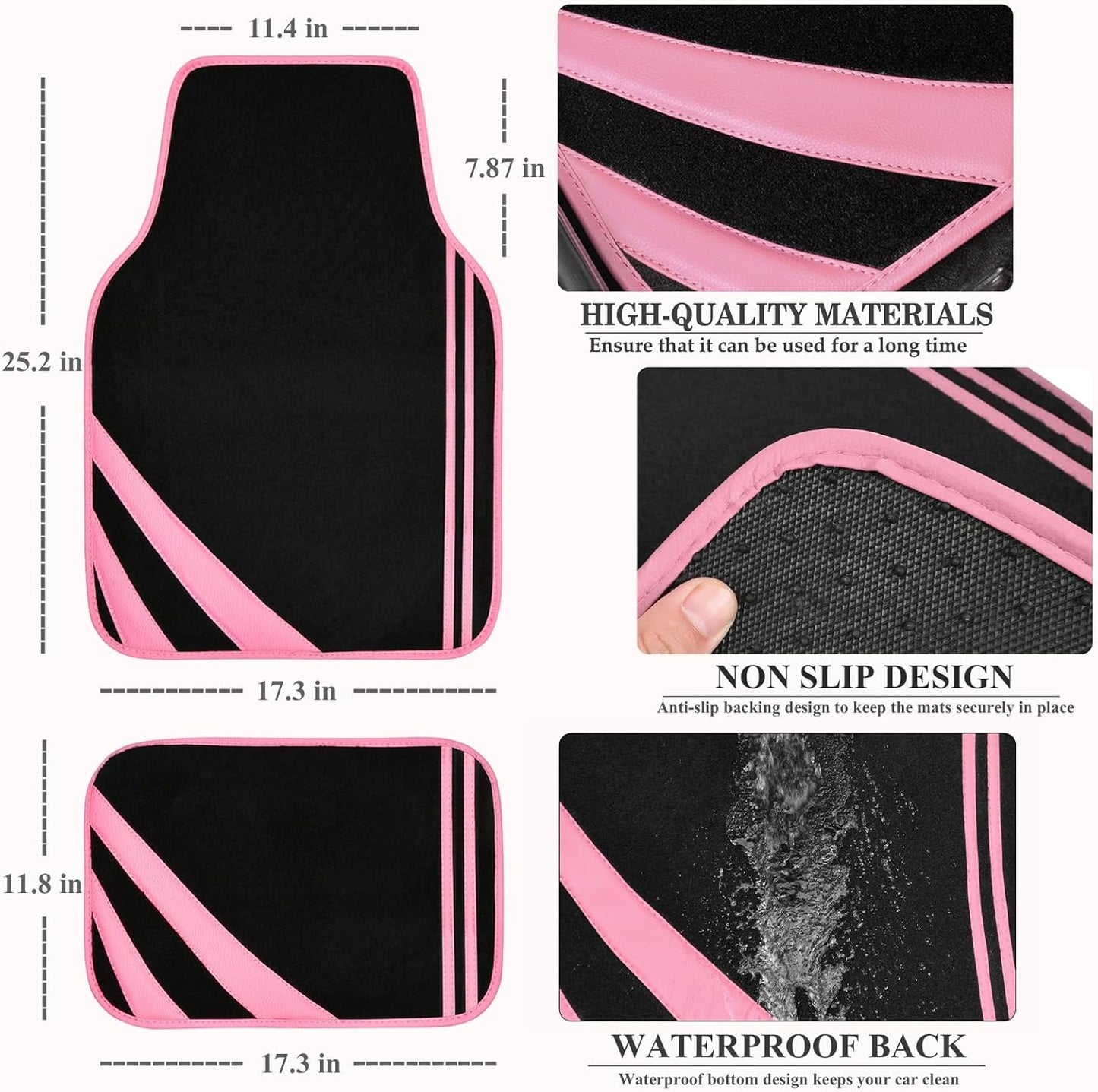 CAR PASS Pink Edge Faux Leather Car Floor Mats Universal Car Carpet Mats with Double Stitch Line Anti-Slip Backing Design, for Cute Girly Women, Fit 95% Automotive,SUVs,Sedan,Vans (Black and Pink)