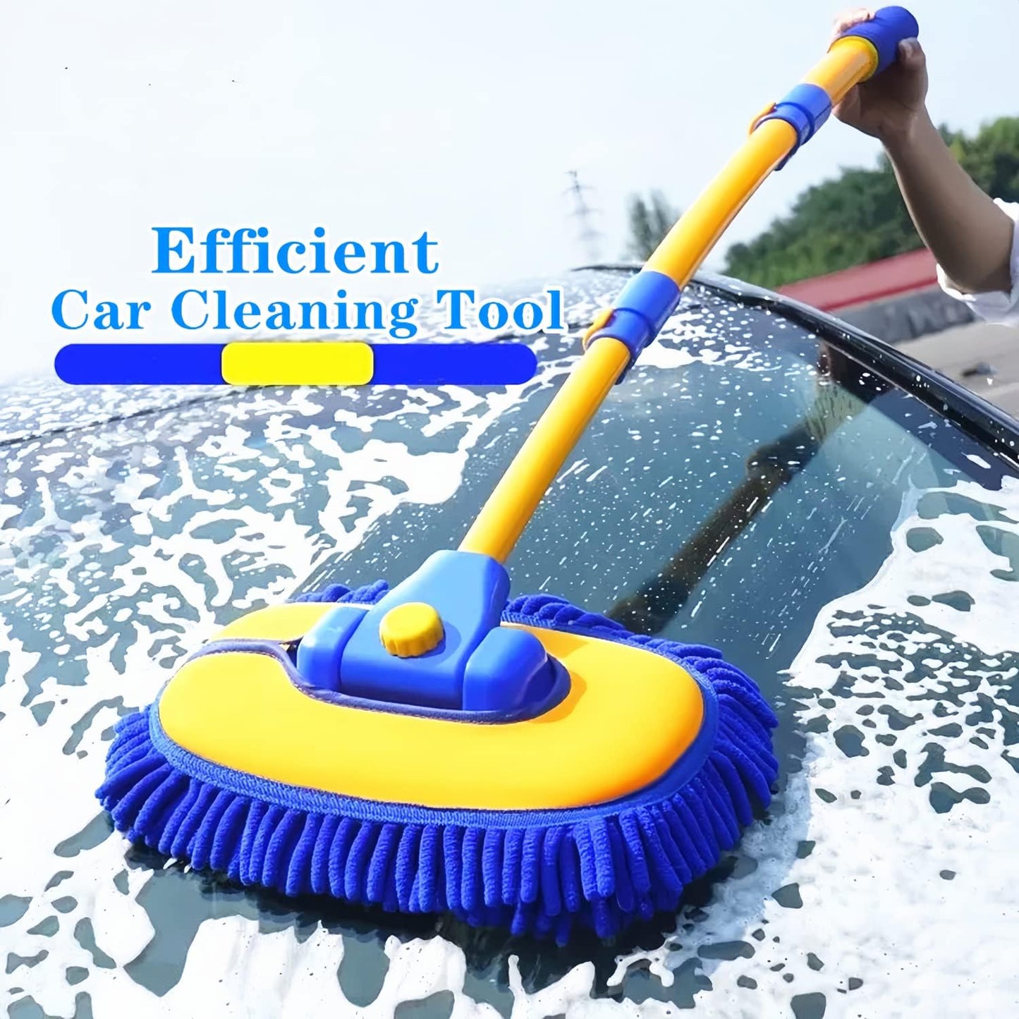 Upgrade Car Wash Brush with Long Handle,Chenille Microfiber Car Cleaning Brush Supplies Kit Car Wash Mop Accessories Car Washing Brush with Scratch-Free Replacement Head(Blue
