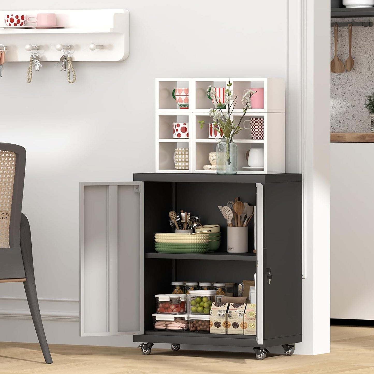 GREATMEET Garage Cabinets with Wheels,Small Storage Cabinet with Doors and Adjustable Shelves，Locking Metal Garage Storage Cabinets for Home Office Utility Room