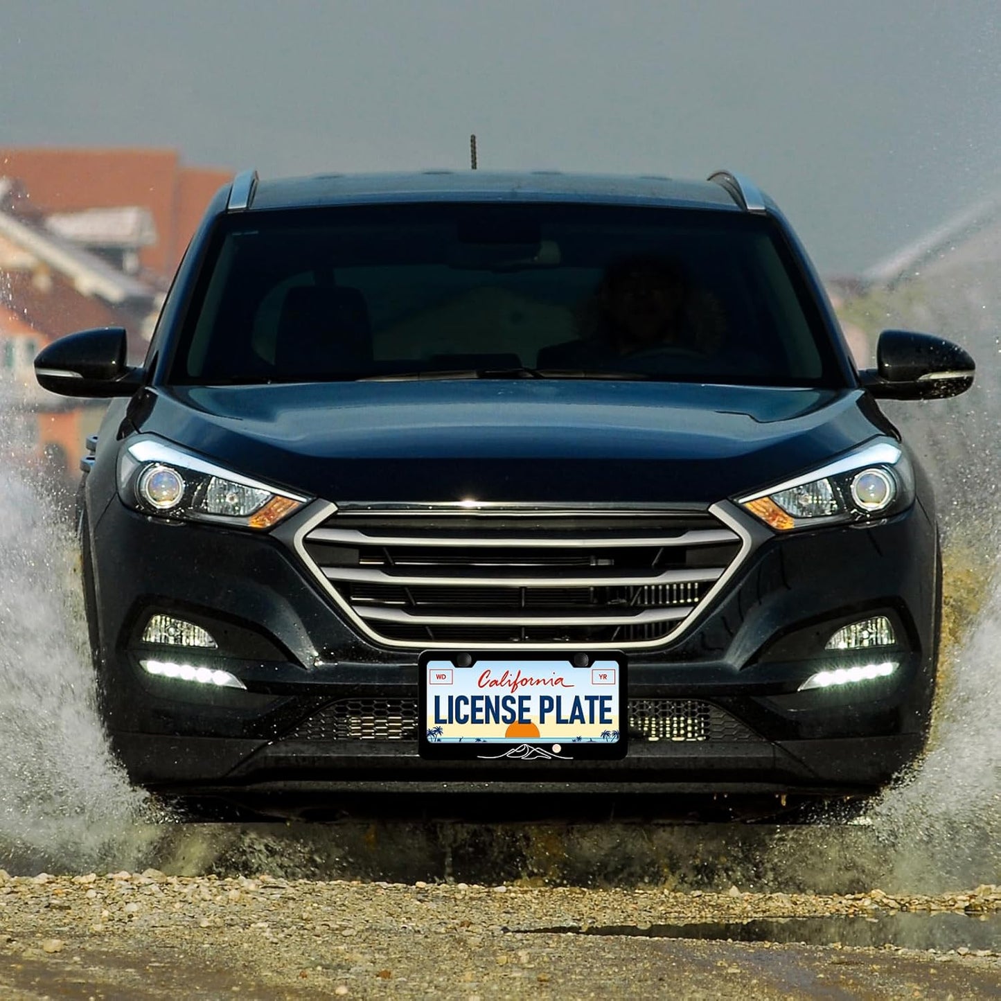 Moon Mountain License Plate Frames - 2 Pack Black Mountain Stainless Steel License Plate Holder,Rust-Proof Waterproof Car Decorative Tag Frame with Screws Fasteners Caps