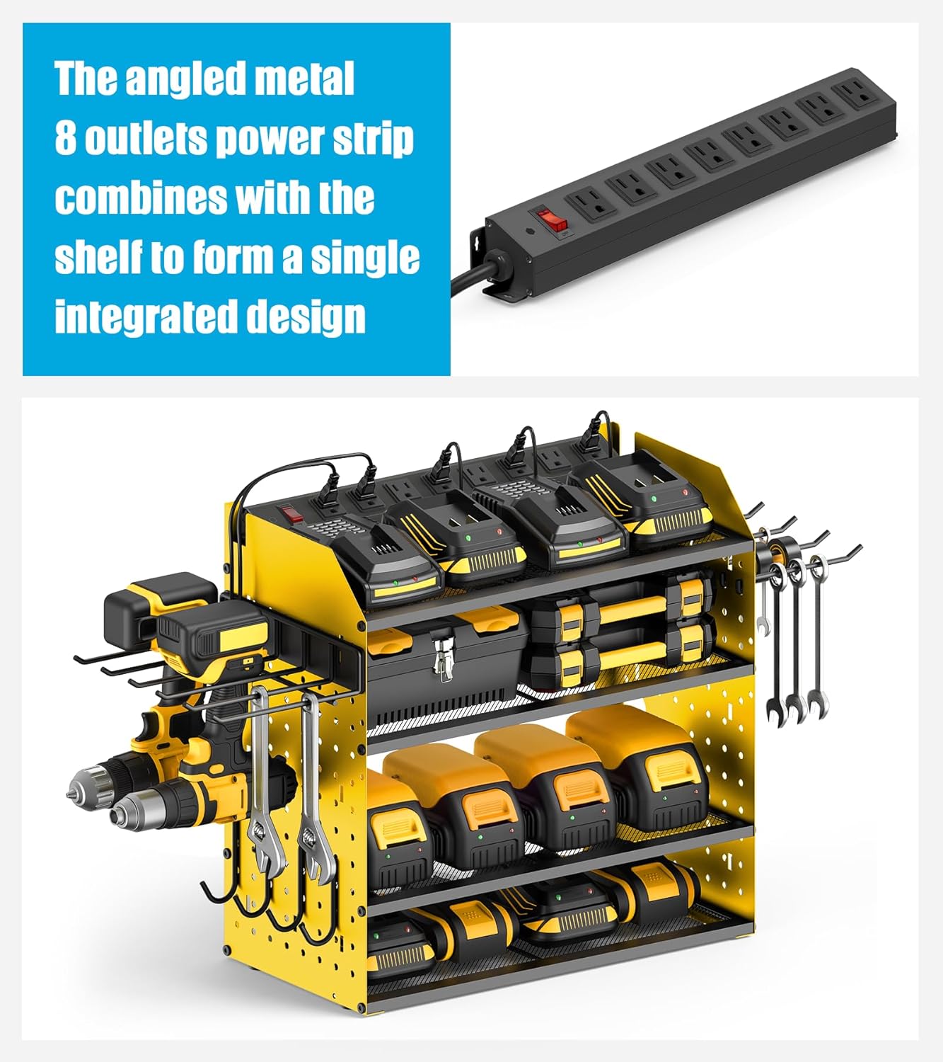 CCCEI Modular Desk Power Tools Organizer with Charging Station, 4 Layer Drills Battery Storage Wall Mount, Garage Shop Organization, Anniversary, Birthday, Gifts for Men, Father, Yellow, 10FT Cord.