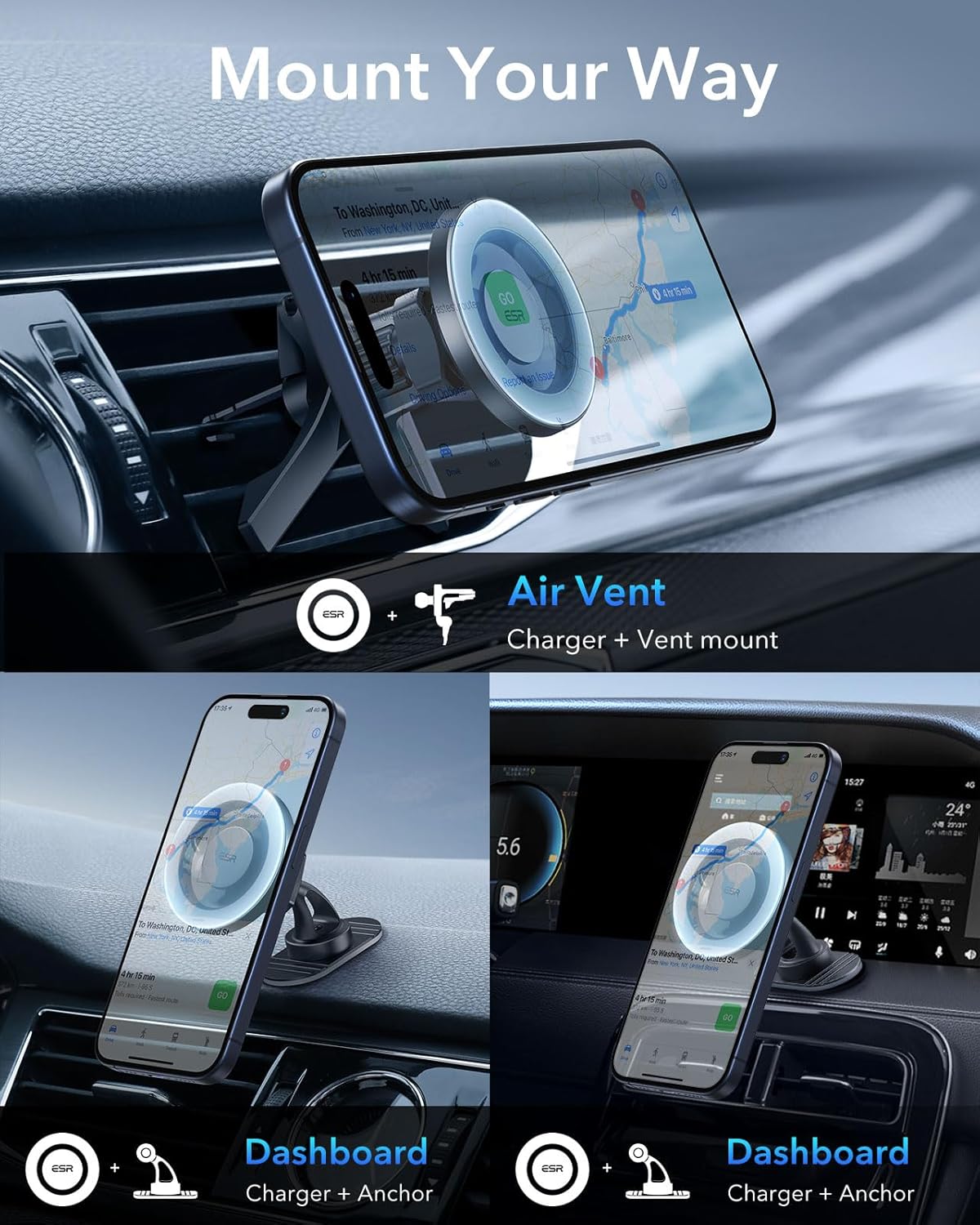 ESR for MagSafe Car Mount, Air Vent/Dashboard Magnetic Phone Holder for Car,Car Phone Holder Mount for iPhone 16/16e/15/14/13/12/Samsung, All Smartphones(2 Metal Rings included),Charging Not Supported