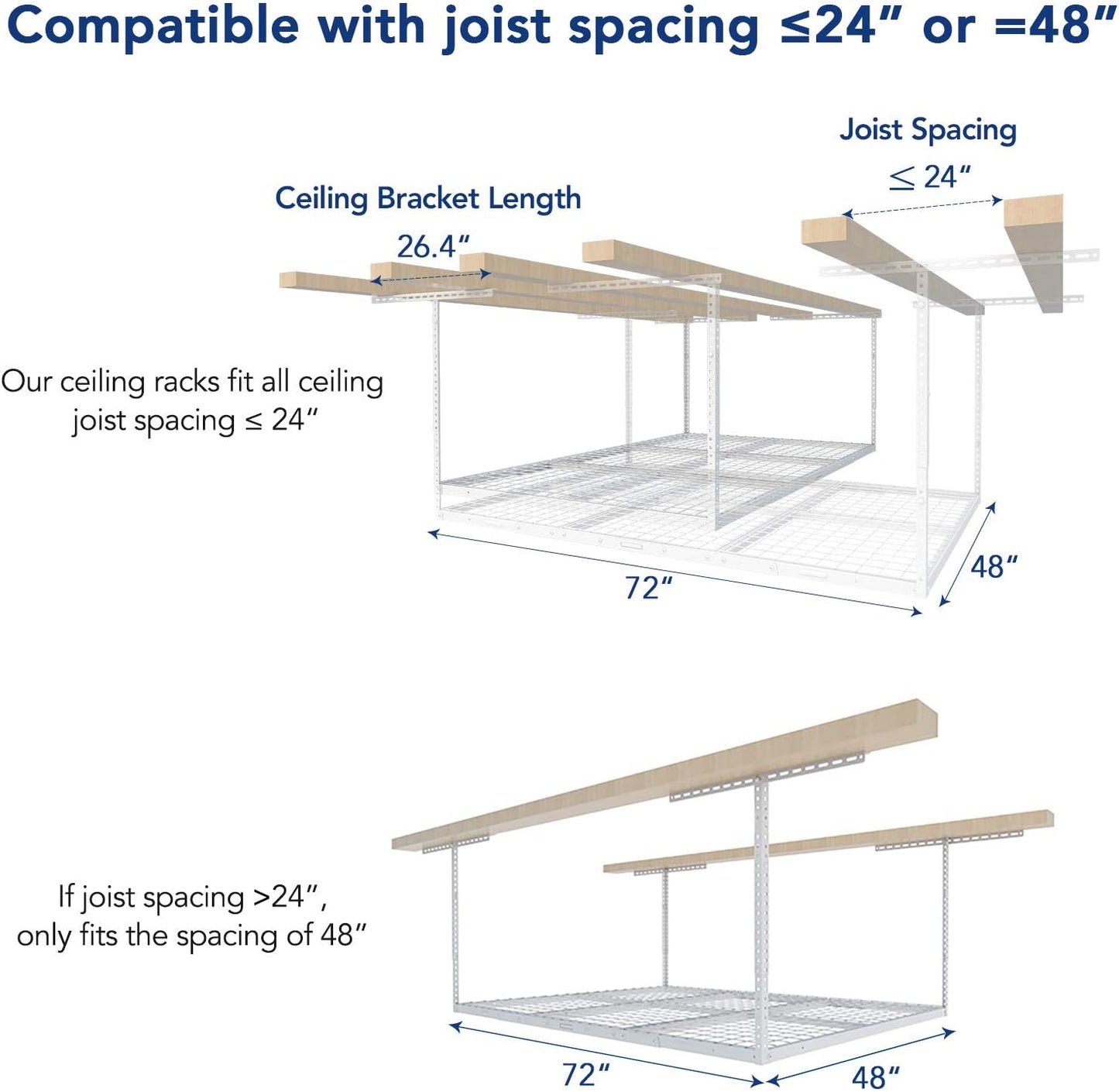 FLEXIMOUNTS 4x6 Overhead Garage Storage Adjustable Ceiling Rack 72" Length x 48" Width x 40" Height, 450lbs Weight Capacity, White