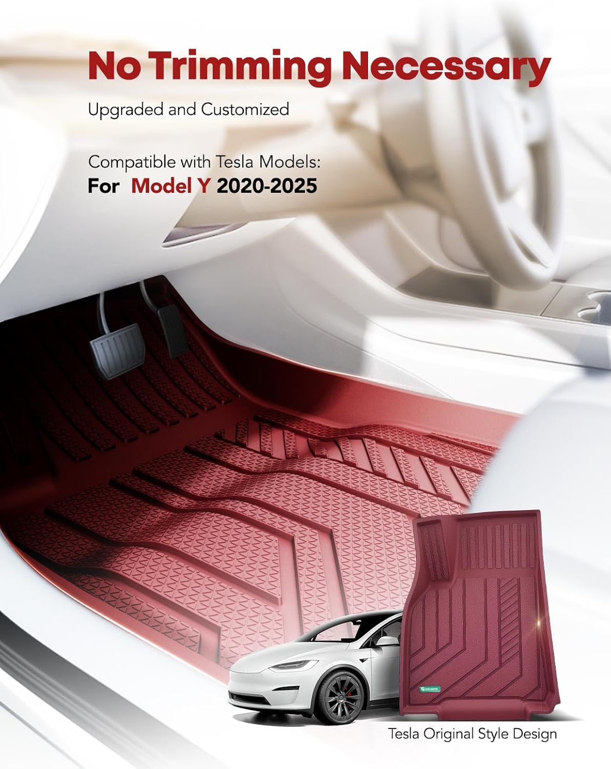 YHTAUTO Custom Fit Light Red Car Floor Mats for Tesla Model Y 2025-2020 (5-Seat) Not for Juniper, 1st & 2nd Row All Weather TPE Car Carpet Liners, Anti-Slip Waterproof, Automatic Mats, Set of 3