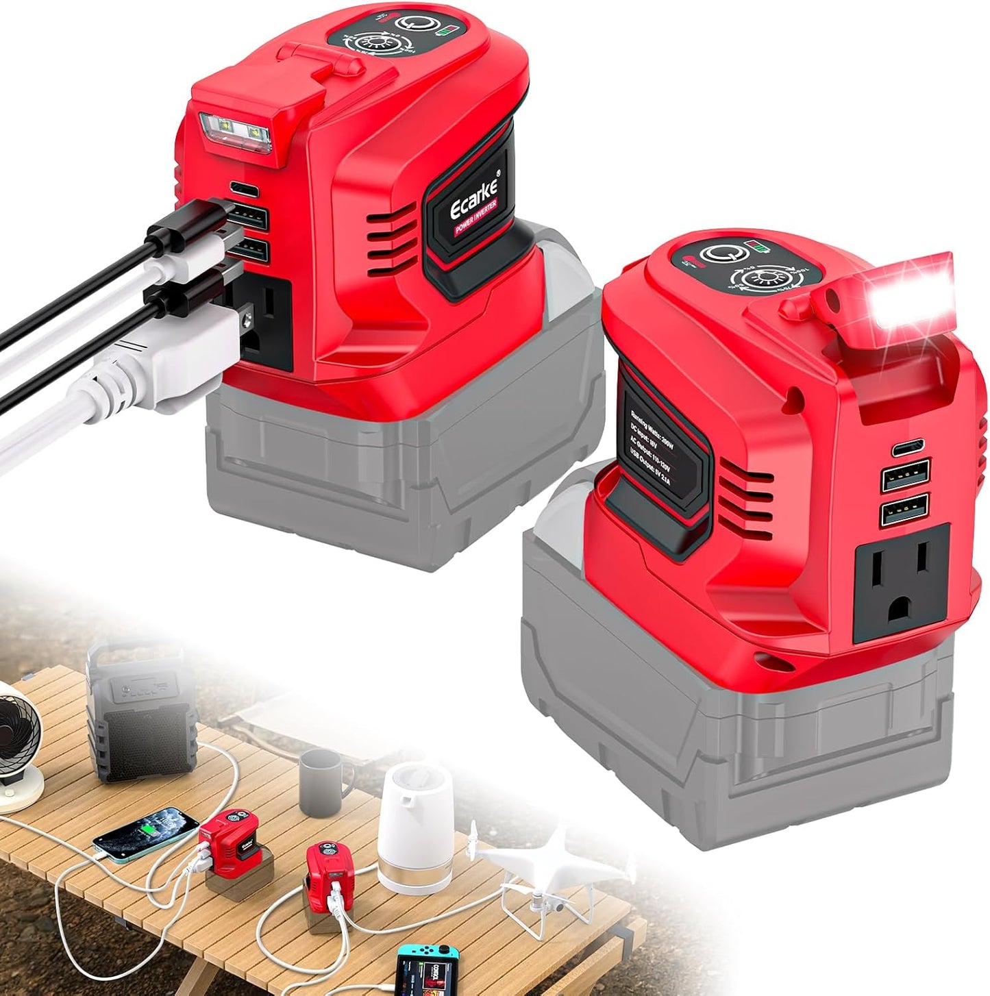 Power Inverter Compatible with Milwaukee 18V Battery,Ecarke 200W Portable Power Supply Phone Charger,DC 18V to AC 110V~120V Power Station with 2 USB&AC Battery Powered Outlet Inverter (2pc)