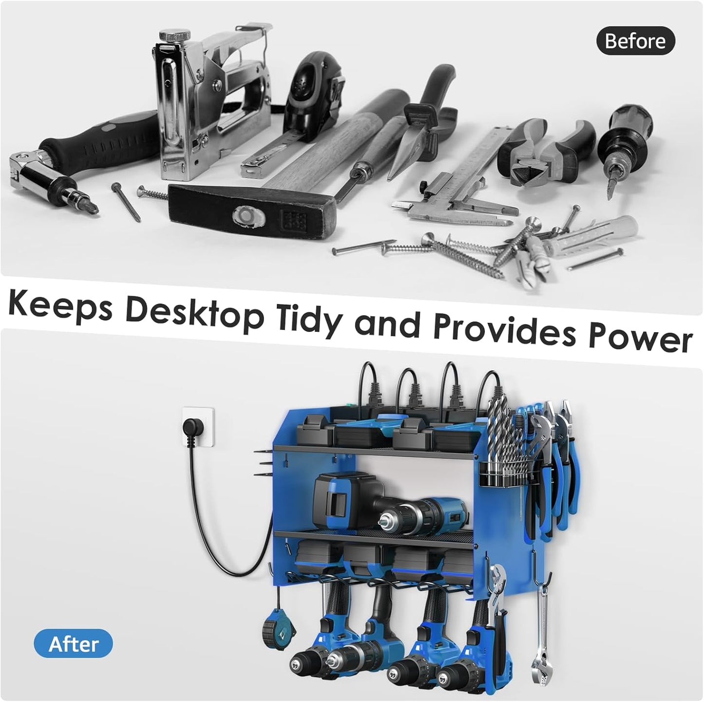 CCCEI Set Power Tool Organizer Wall Mount with Charging Station. Garage 4 Drill Storage Shelf with Hooks, Heavy Duty Metal Tool Battery Charger Organizer. Shop Utility Rack with Power Strip Blue.