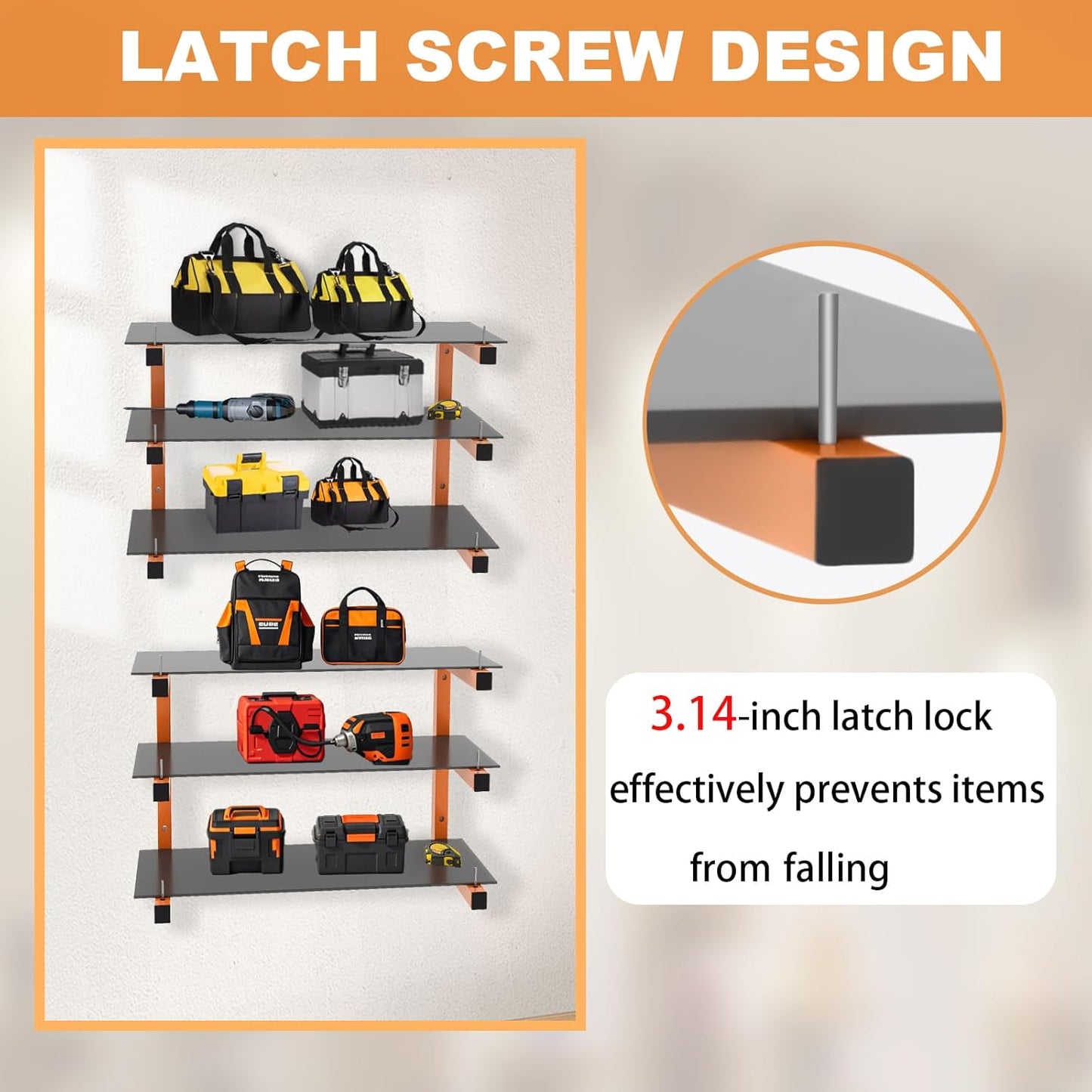 4 Pack Wall-Mounted Lumber Rack, Heavy Duty Wood Storage Racks, 6-Level System Garage Shelving, 1320 LBS Capacity Hanging Organizer Shelves, Orange Brackets Utility Metal Shelf for Indoor and Outdoor