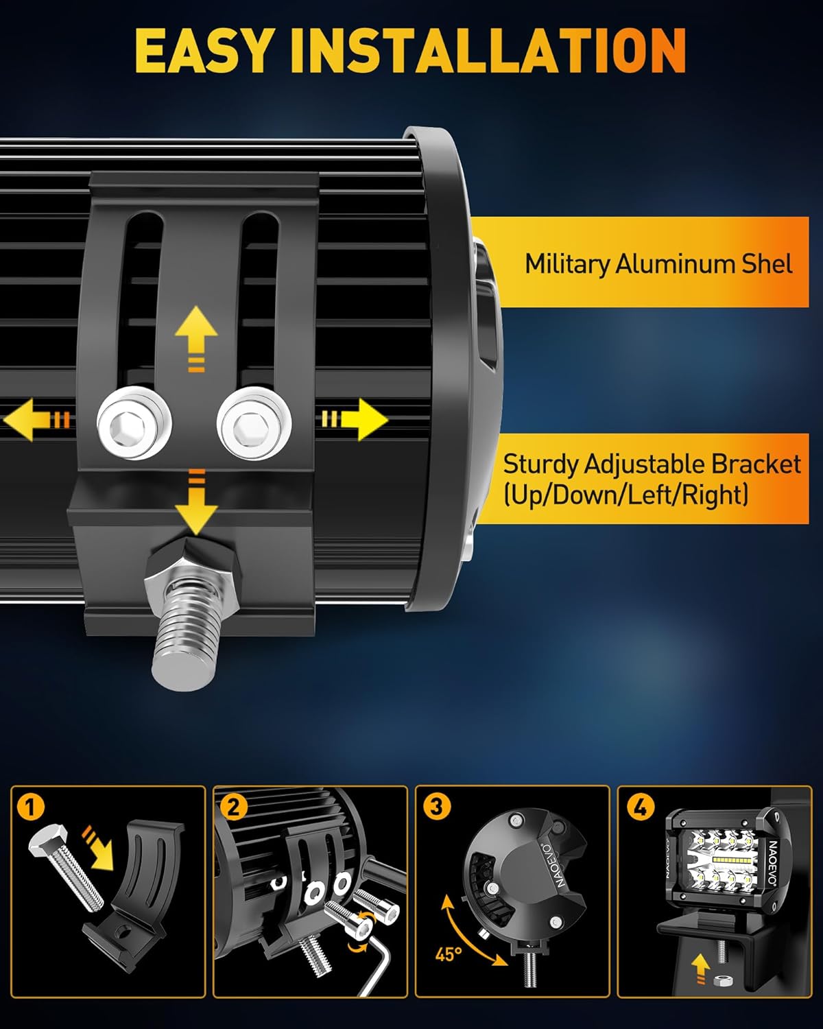 NAOEVO 12 Inch LED Light Bar and 4PCS 4 Inch LED Pod Lights, 54000LM LED Fog/Driving/Off Road Lights, Triple Row Spot Flood Combo LED Light Bar for Truck Car UTV ATV Boat, 1 Year Warranty