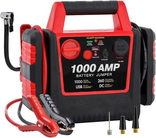 Car Battery Jump Starter with Air Compressor 1000Amp Portable Jump Starter(Satisfy 5L Gas/Diesel),12V Car Battery Charger with 260PSI Tire Inflator, Jumper Cable with USB/DC Port