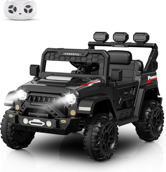12V Ride on Toys for Big Kids, Power Wheels with Remote Control, Ride on Truck Car with 4 Wheeler, Kids' Electric Vehicles, 3 Speeds, Soft Start, Battery Display, Music, LED Lights, Bluetooth, Black