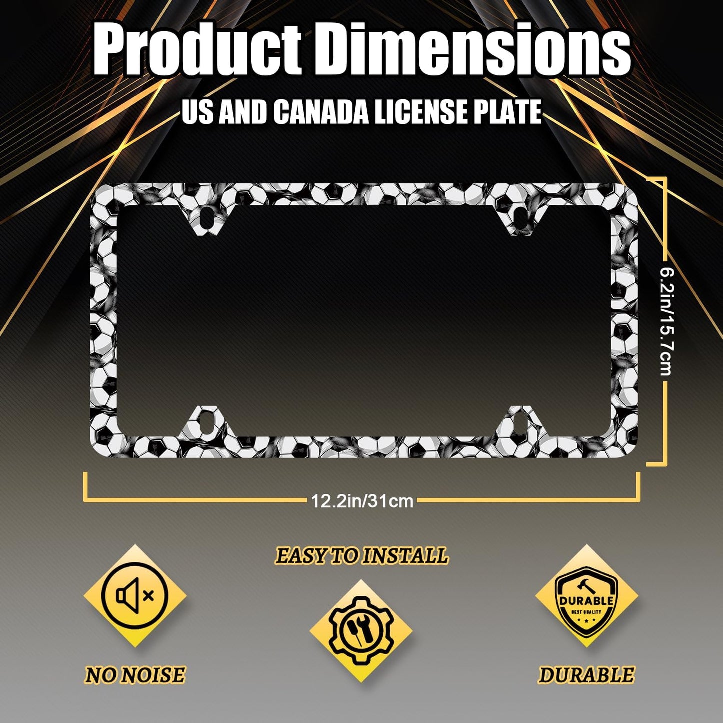 Soccer Ball License Plate Frame Football License Plate Holder Stainless Steel Funny License Plate for USA Canada 6.3" X 12.3" with 4 Holes and Screws