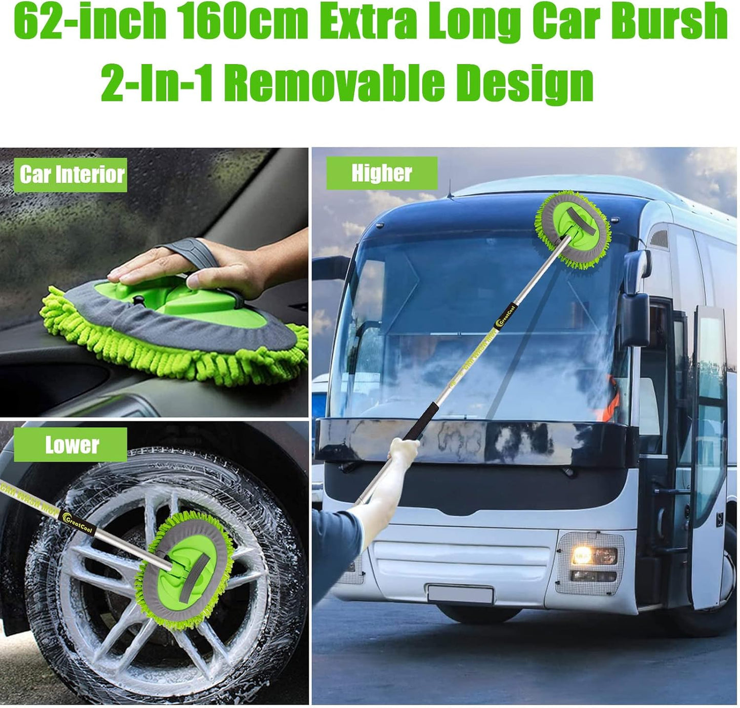62" Car Wash Brush Mop Kit with Long Handle, 2 in 1 Chenille Microfiber Sponge Mitt Cleaning Detailing Duster for Washing Cars Truck SUV RV Caravans and Household(2 x Mop Head)