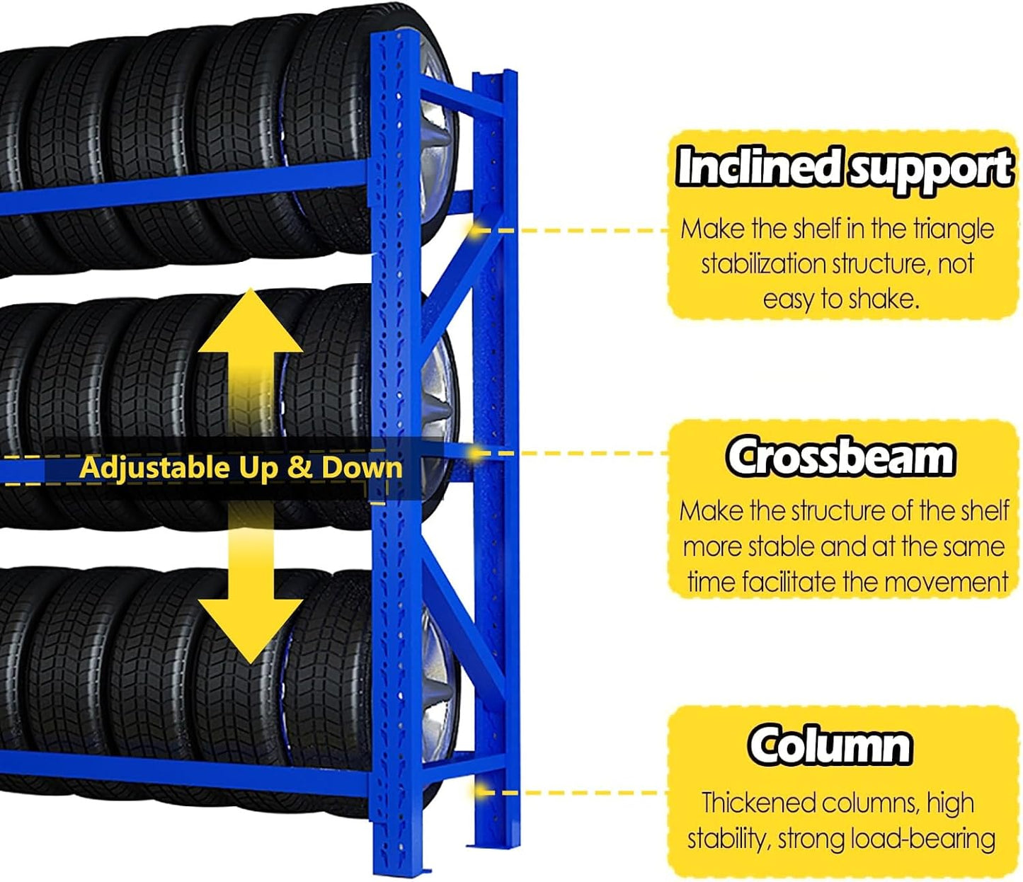 Adjustable Height Tire Storage Rack for Garage, Maximum Load 1100 lbs, Blue, 3 Tiers(78.7x23.6x78.7in)