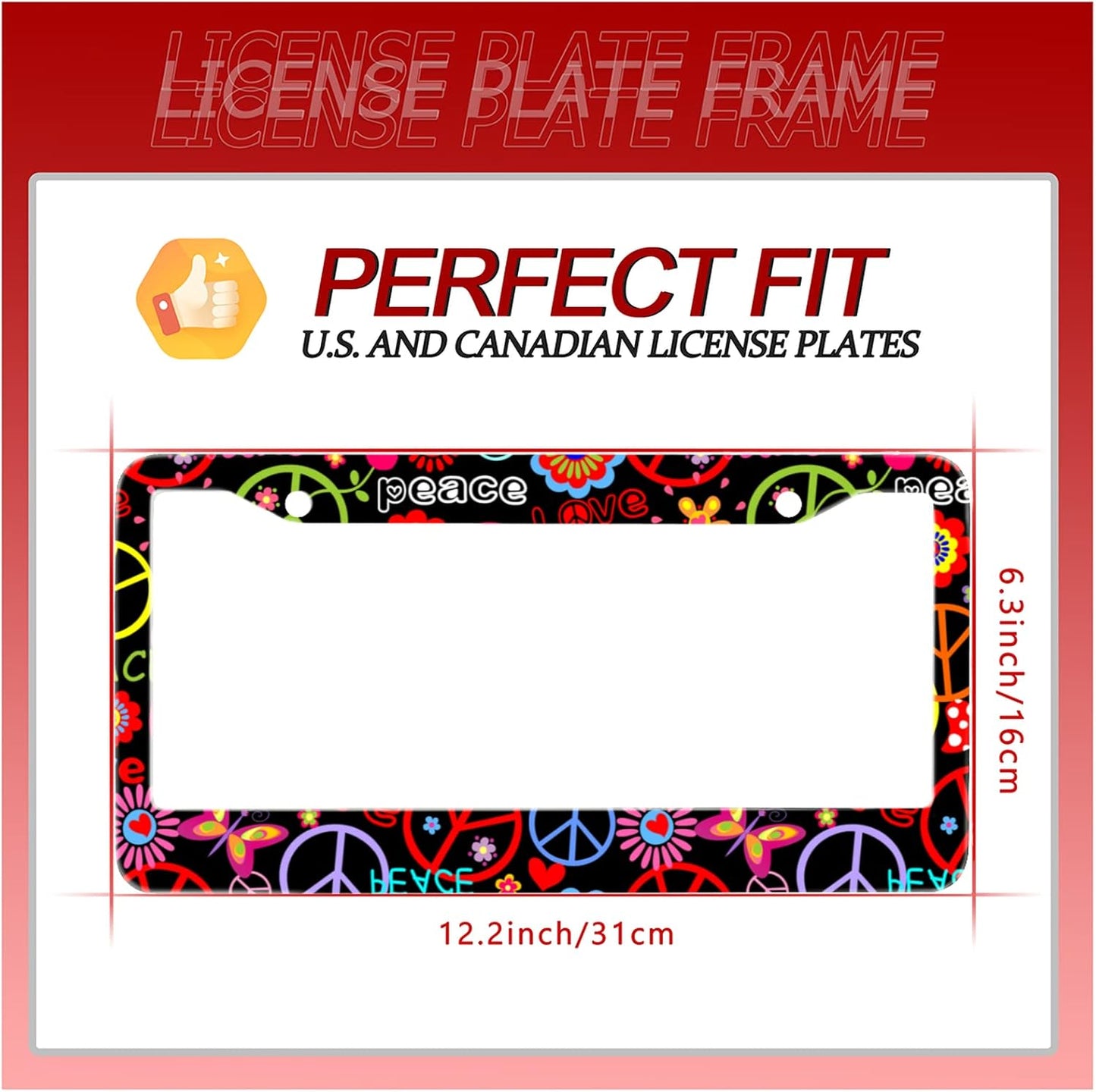 Personalise Hippies Peace Flower License Plate Frames Colored License Plate Frame Car Universal Stainless Steel Accessories Cars Decor 2 Holes Screws Fits Standard US Vehicles Size 12.2 x 6 Inches