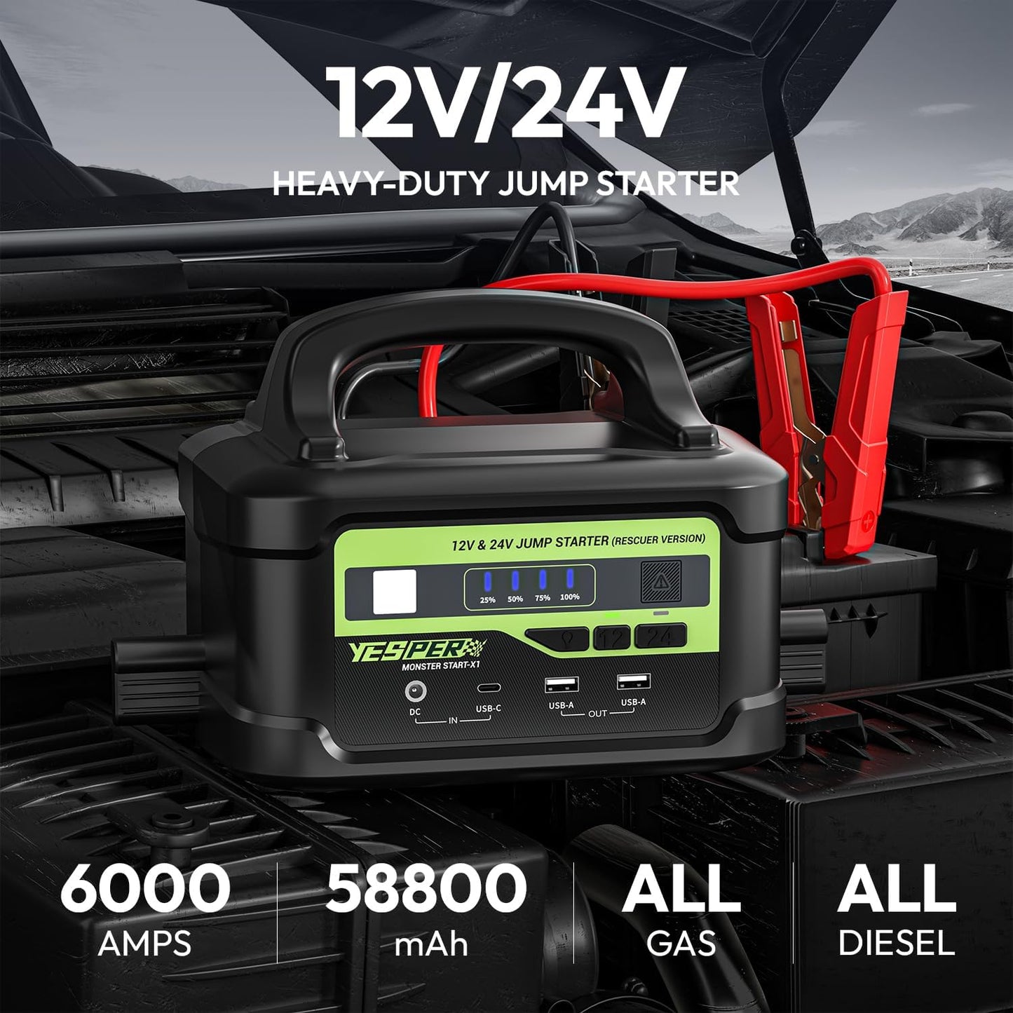 YESPER 6000A Jump Starter with 145W Quick Charge, 12V/24V Heavy Duty Truck Battery Jumper Box(Up to All Gas/Diesel), 218Wh Portable Power Bank Car Jump Pack with Jump Cable, LED Lights