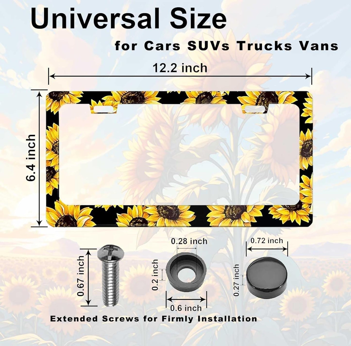 Sunflower License Plate Frame Nature Theme Sunflower License Plate Holder Auto Accessory Bracket Aluminum Floral License Tag Plate with Screws 6x12 Inch-1Pcs